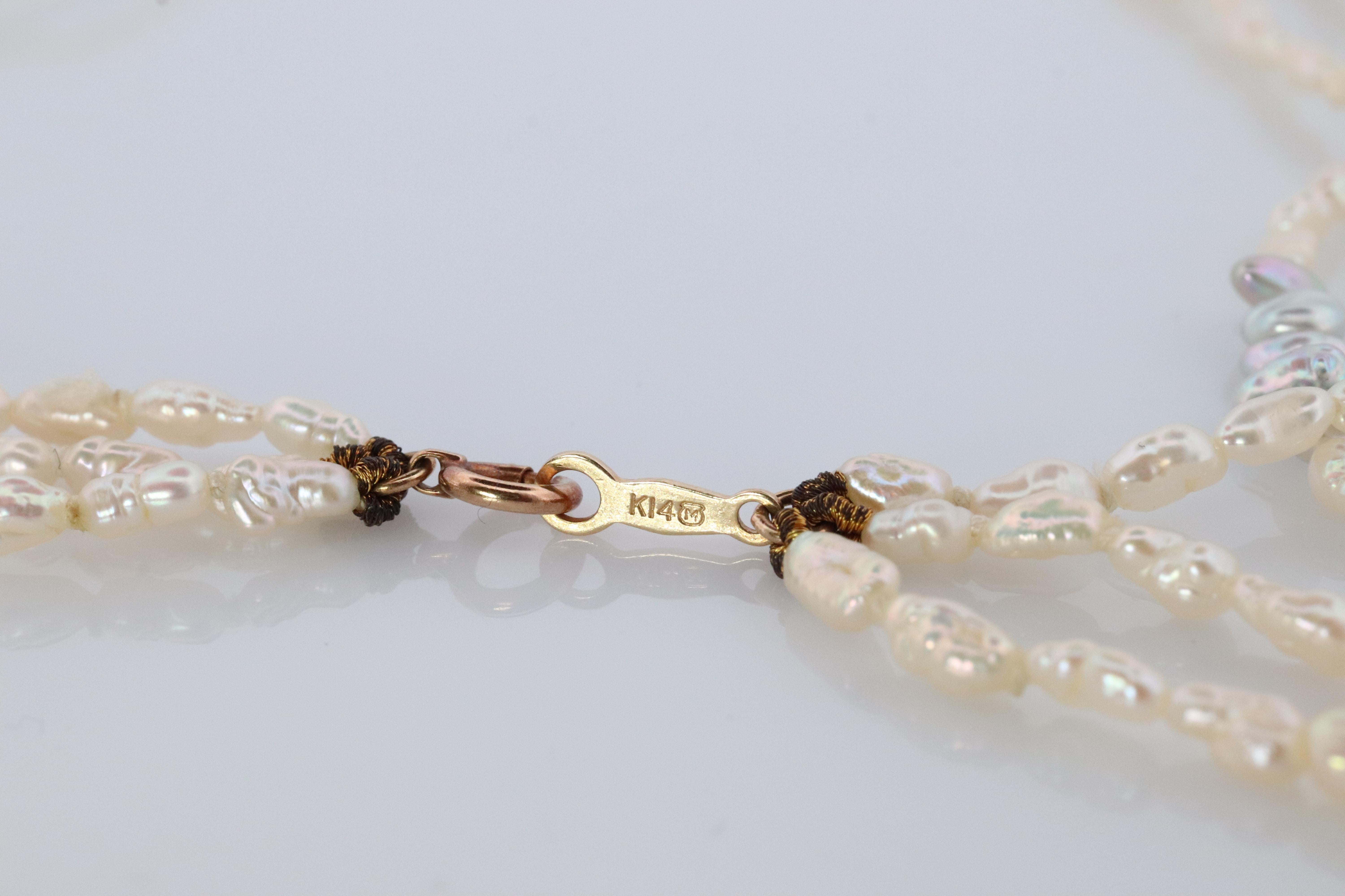 Women's MIKIMOTO 18k Gold Pearl Necklace. Rice Pearls Multi Strand Necklace. For Sale
