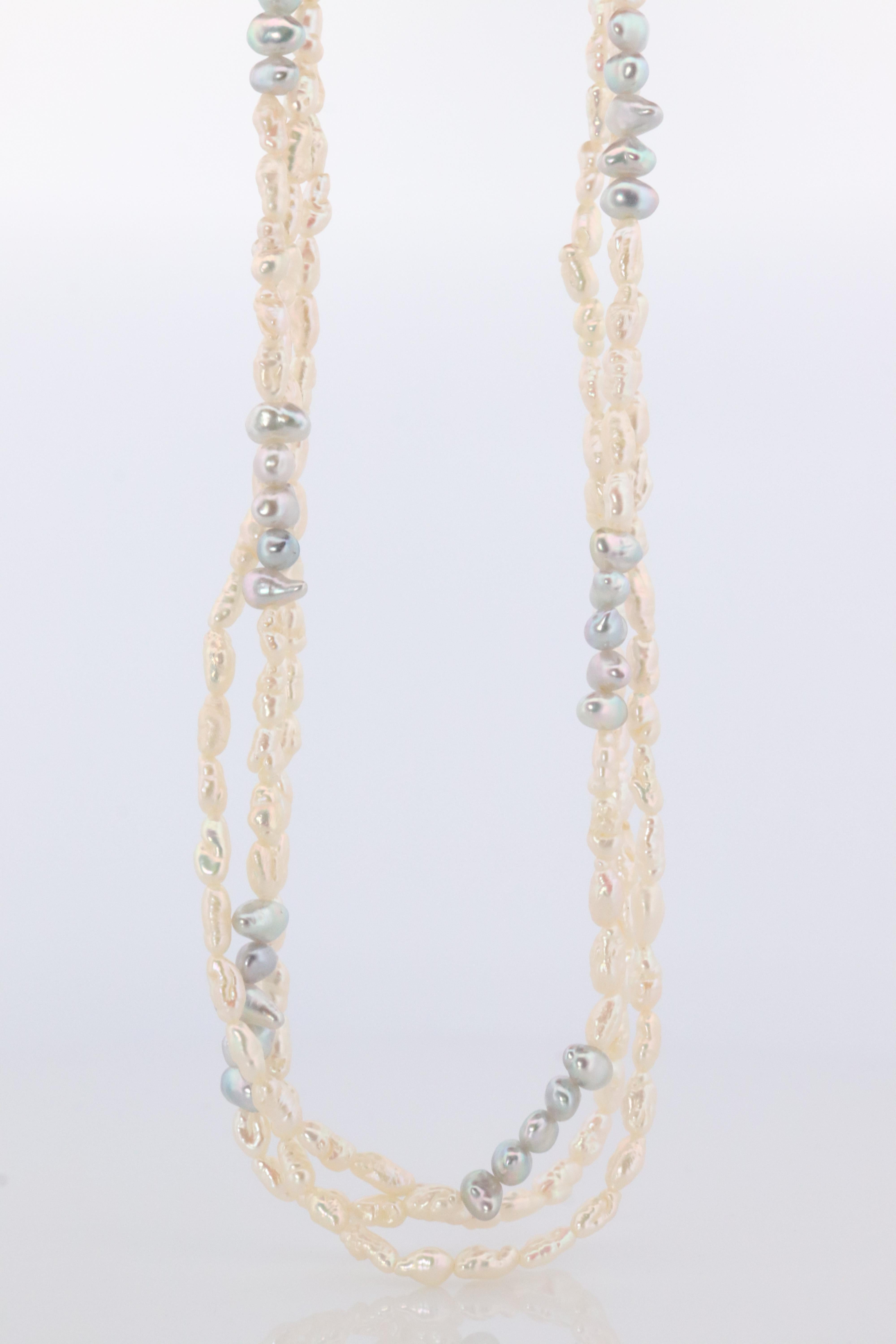 MIKIMOTO 18k Gold Pearl Necklace. Rice Pearls Multi Strand Necklace. For Sale 2