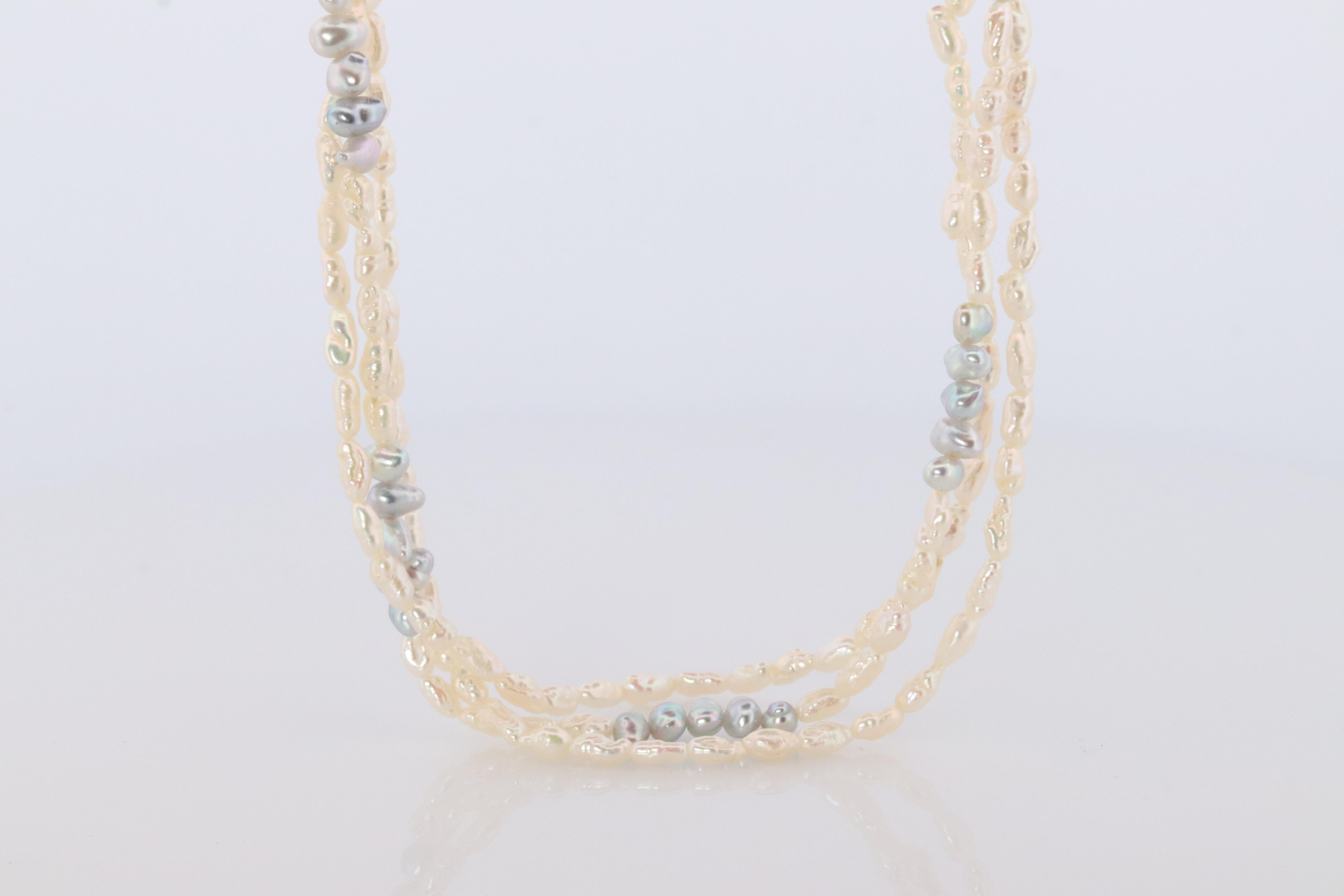 MIKIMOTO 18k Gold Pearl Necklace. Rice Pearls Multi Strand Necklace. For Sale 3