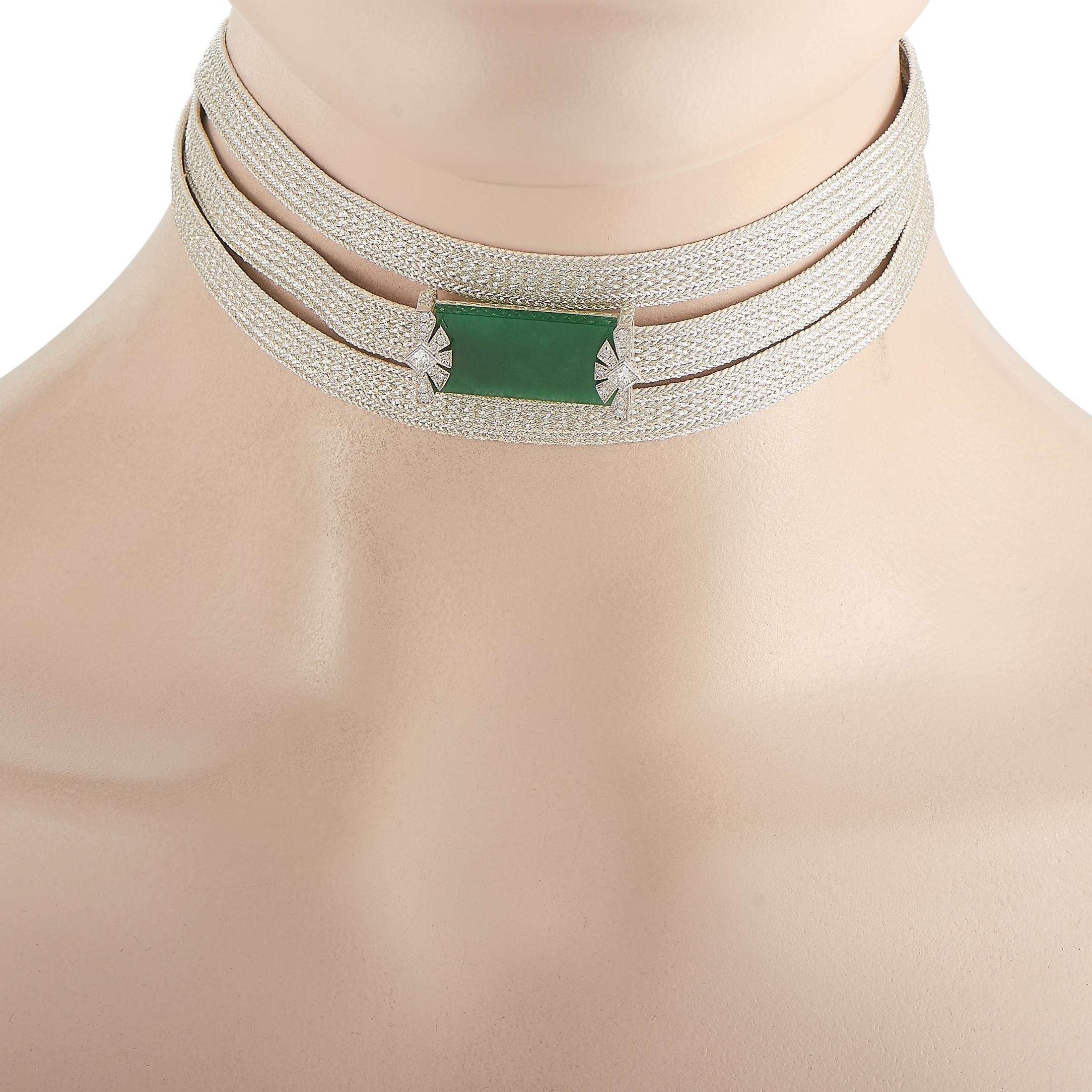 Mixed Cut Mikimoto 18K White Gold 0.43 Ct Diamond and 13.53 Ct Jade Necklace