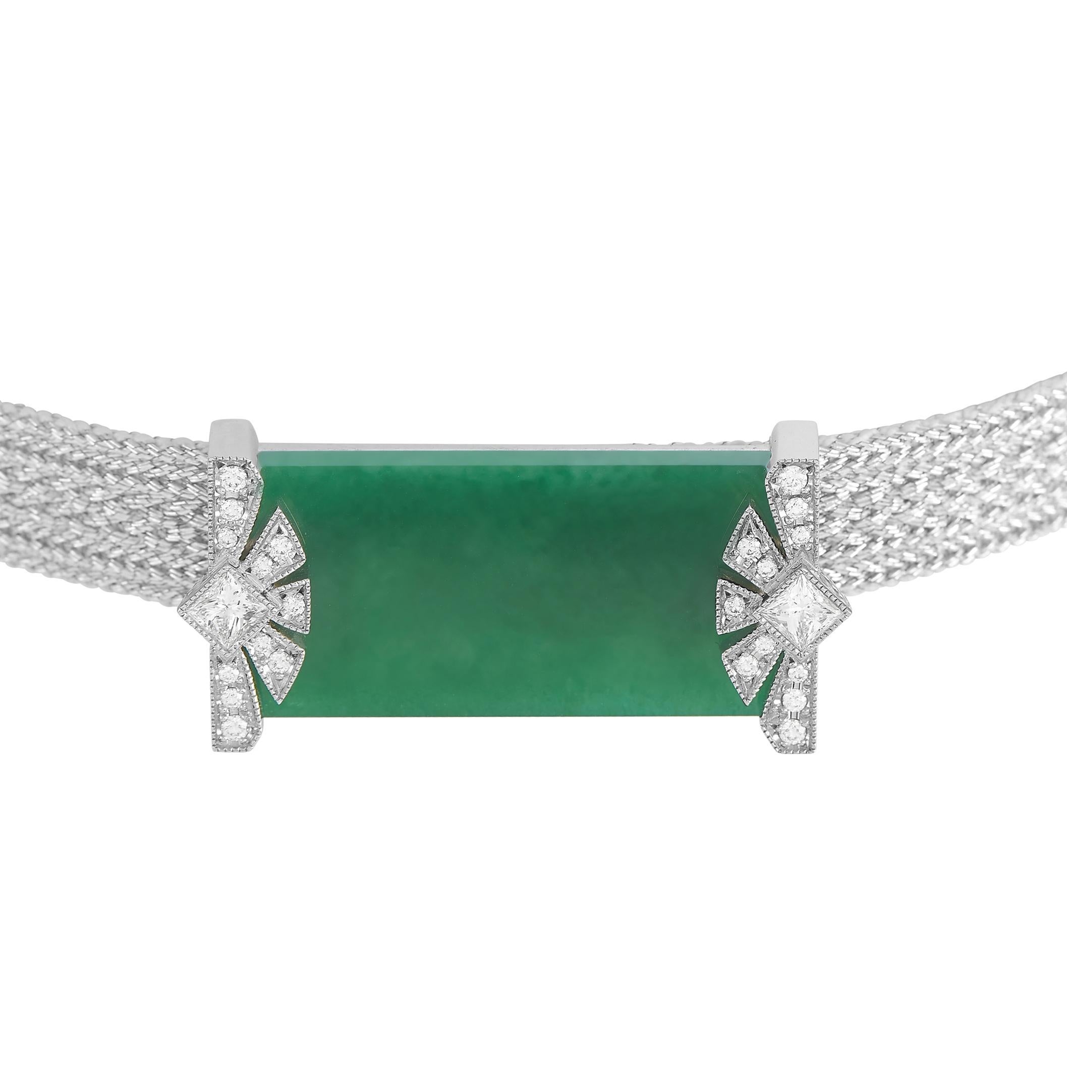 Mikimoto 18K White Gold 0.43 Ct Diamond and 13.53 Ct Jade Necklace In Excellent Condition In Southampton, PA