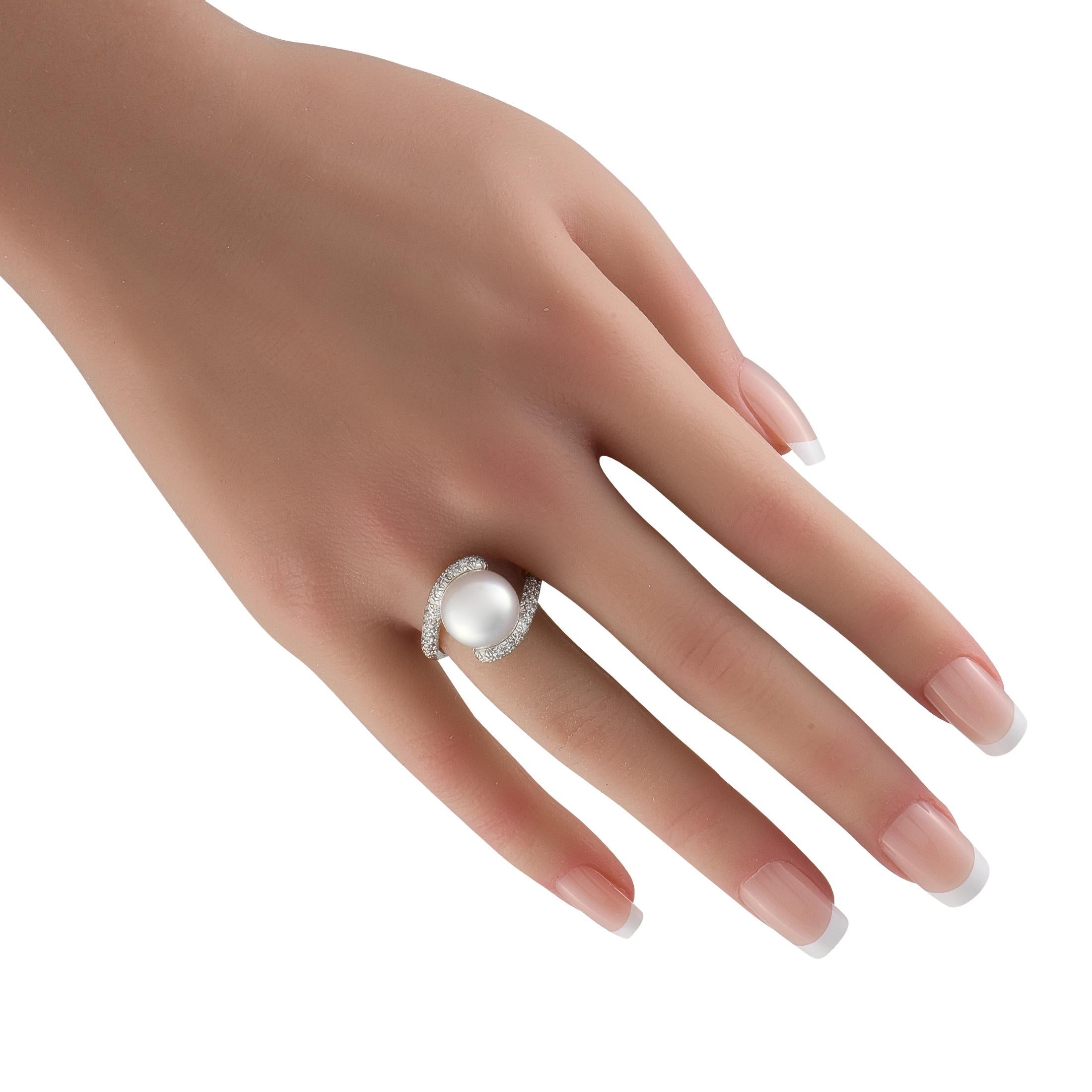 Round Cut Mikimoto 18K White Gold 1.0ct Diamond and Pearl Ring For Sale