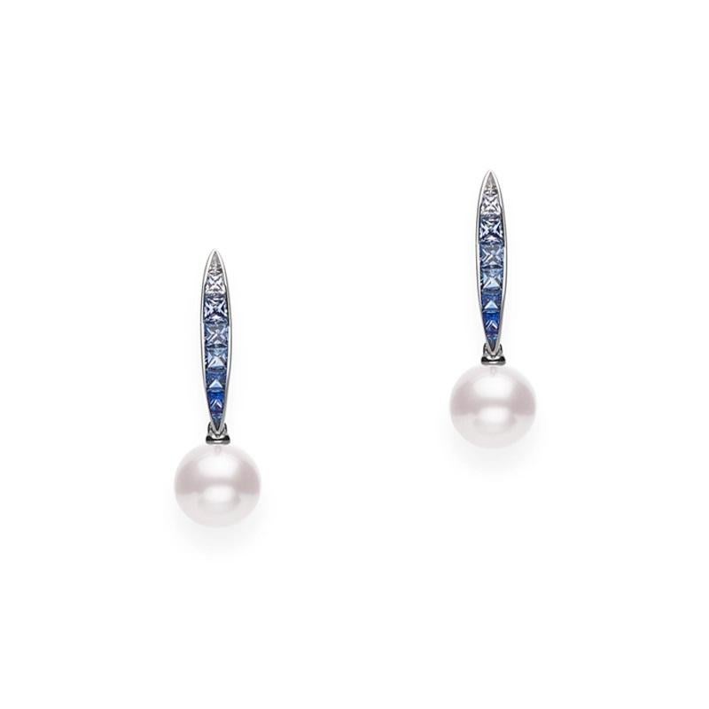 Mikimoto 18k White Gold Akoya & Blue Sapphire Spear Drop Earrings MEA10318ASXW In New Condition For Sale In Wilmington, DE