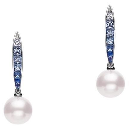 Mikimoto 18k White Gold Akoya & Blue Sapphire Spear Drop Earrings MEA10318ASXW