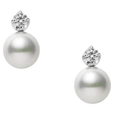 Mikimoto 18k White Gold Akoya Pearl & Diamond Stud Earrings MEQ10144ADXW For Sale