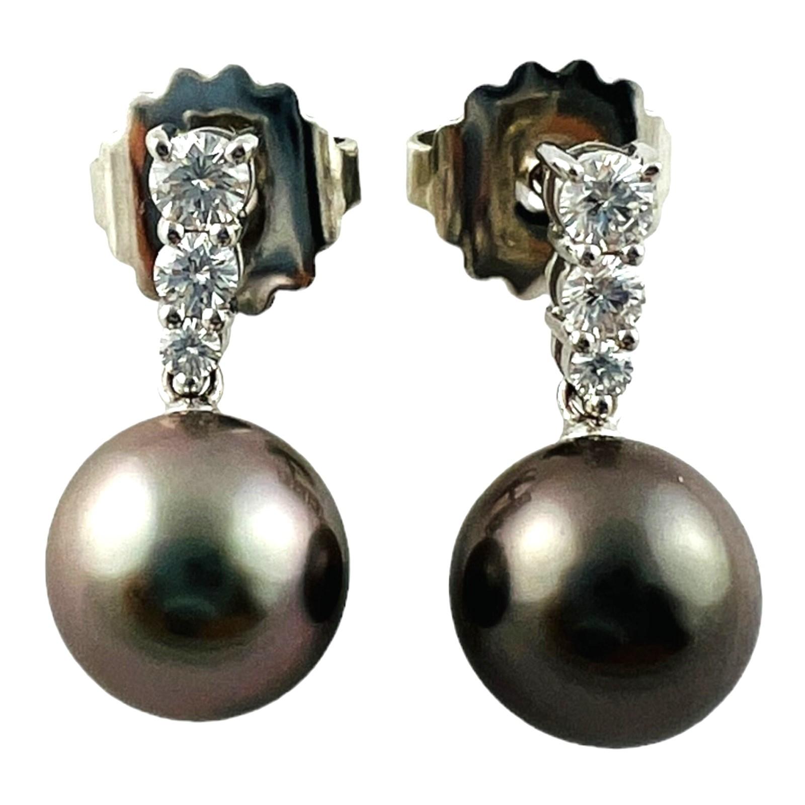 Mikimoto 18K White Gold Morning Dew Black South Sea Pearl Diamond Drop Earrings  In Good Condition In Washington Depot, CT