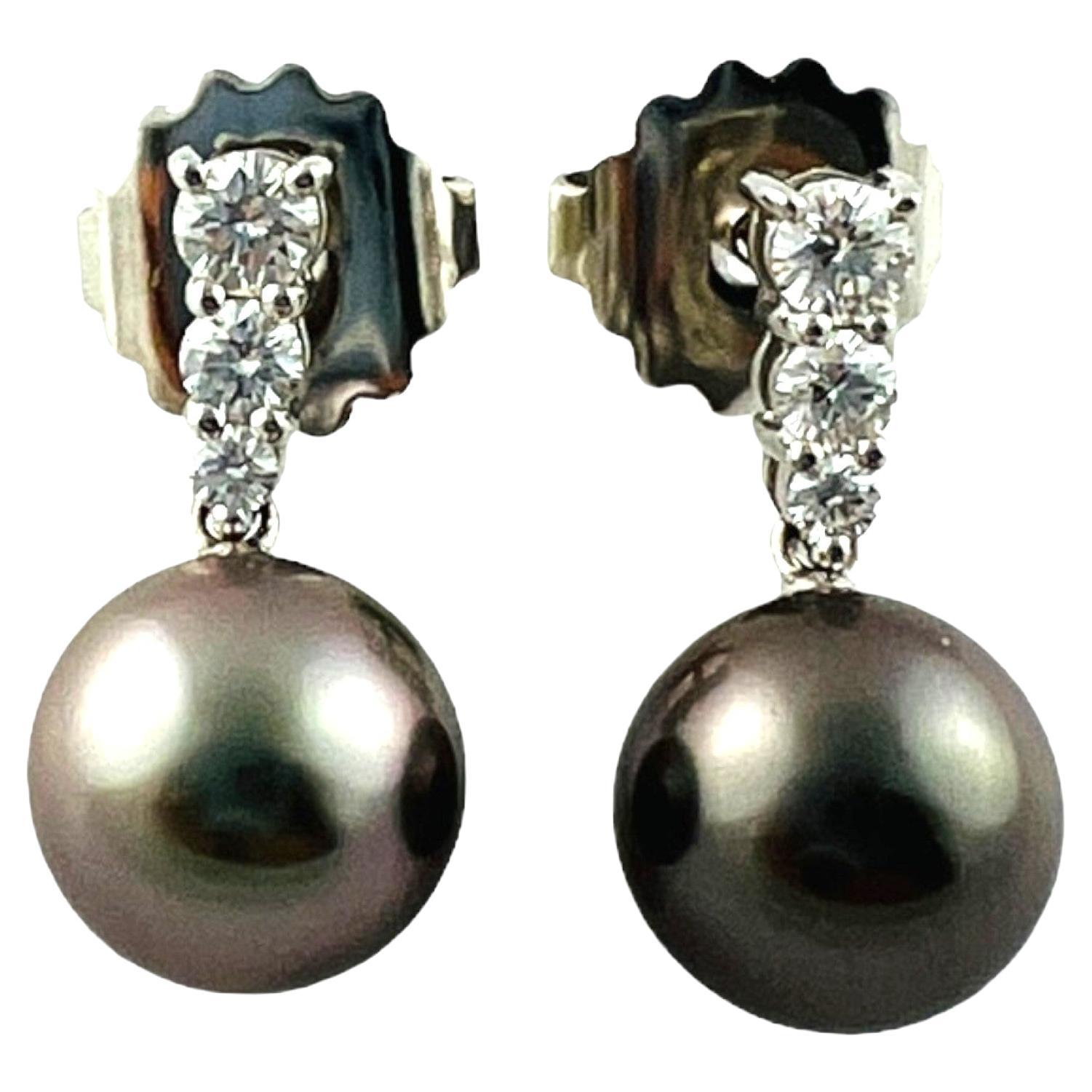 Mikimoto 18K White Gold Morning Dew Black South Sea Pearl Diamond Drop Earrings 