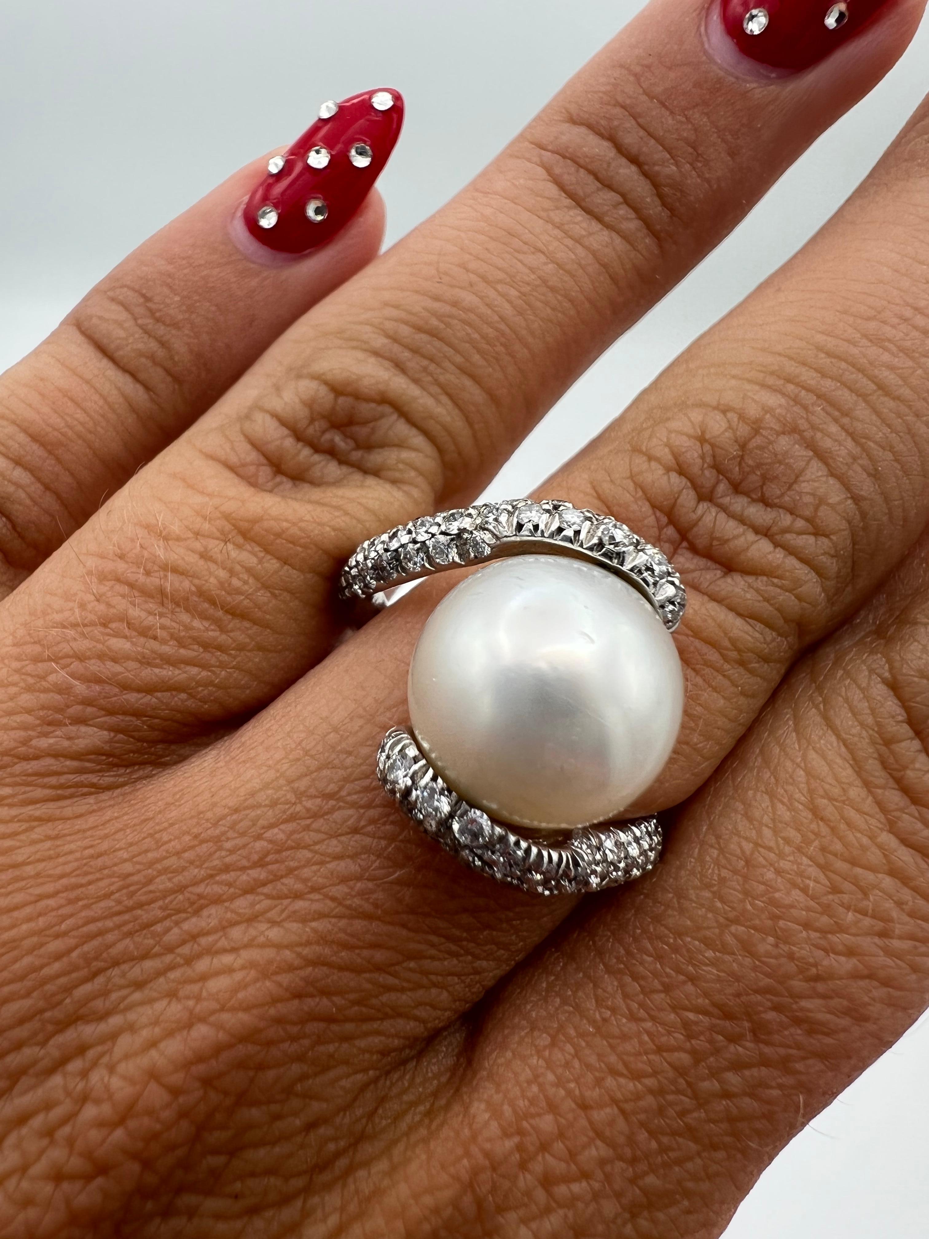 Mikimoto 18K White Gold, Pearl and Diamond Cocktail Ring In Excellent Condition For Sale In Beverly Hills, CA