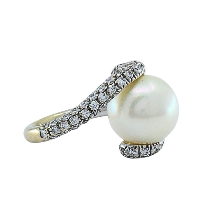Women's Mikimoto Pearl Gold Cocktail Ring, Diamond 18k White Gold For Sale