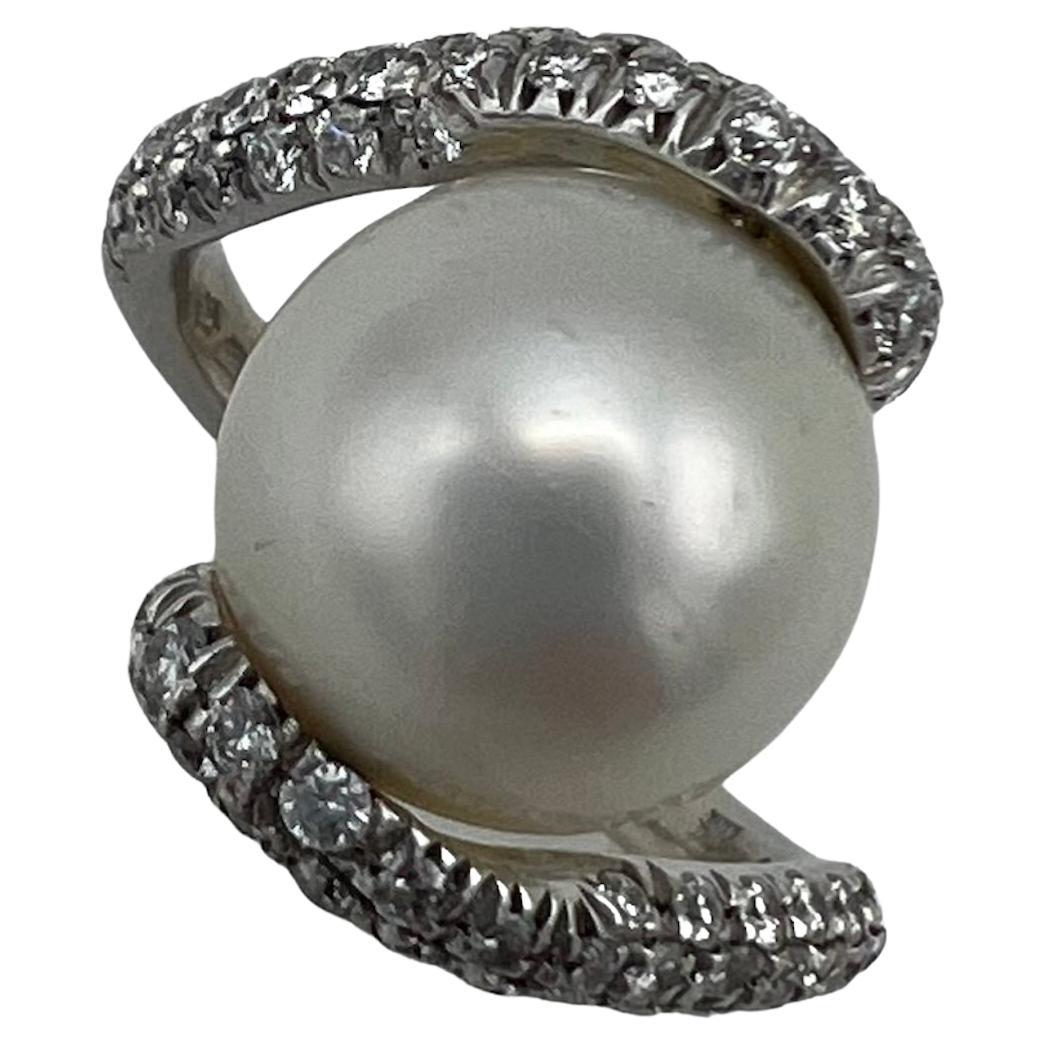 Mikimoto 18K White Gold, Pearl and Diamond Cocktail Ring For Sale
