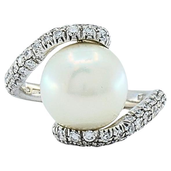 Mikimoto Pearl Gold Cocktail Ring, Diamond 18k White Gold For Sale