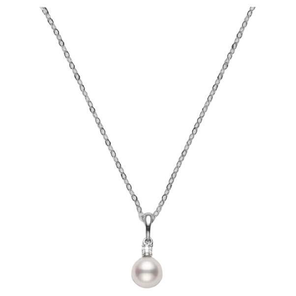 Mikimoto 18K White Gold Pearl & Diamond Pendant Necklace PPS602DW For Sale