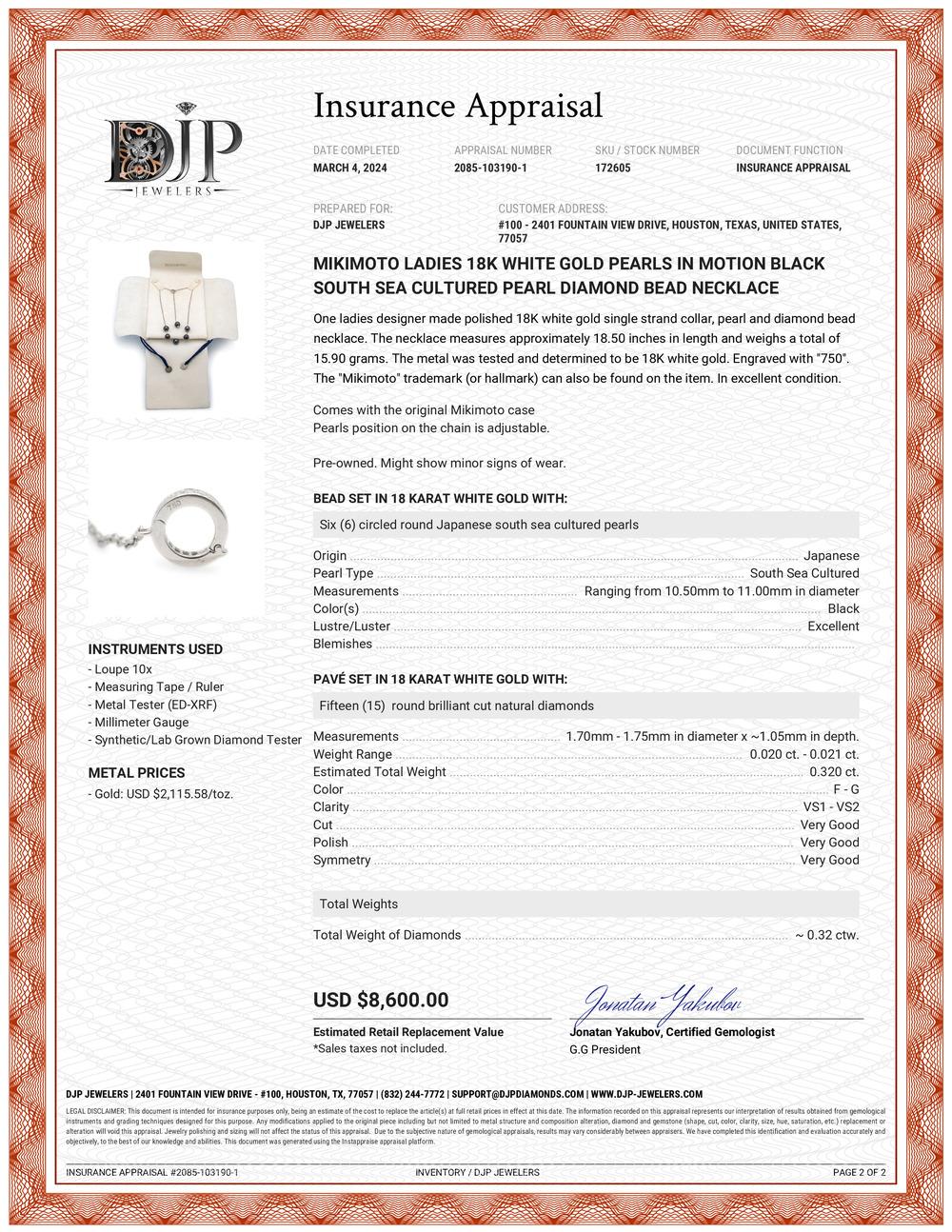 Mikimoto Halskette, 18 Karat Weißgold Perlen in Bewegung Schwarze Südseeperle Diamant im Angebot 5