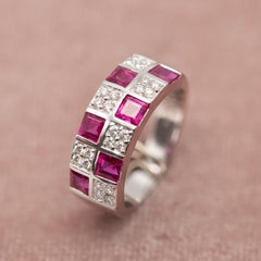 Mikimoto 18K White Gold Ruby and Diamond Band Ring