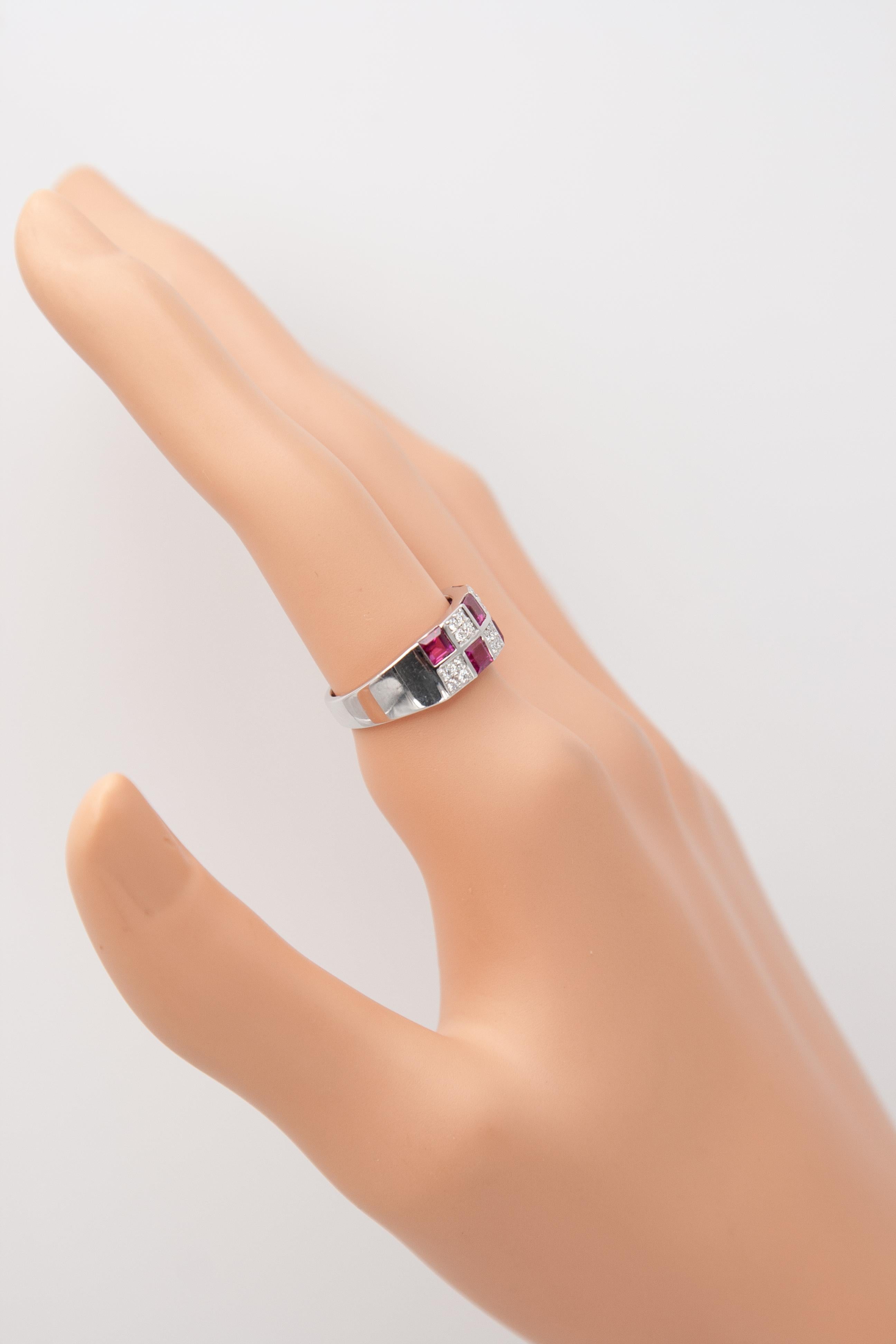 Modern Mikimoto 18K White Gold Ruby and Diamond Band Ring For Sale