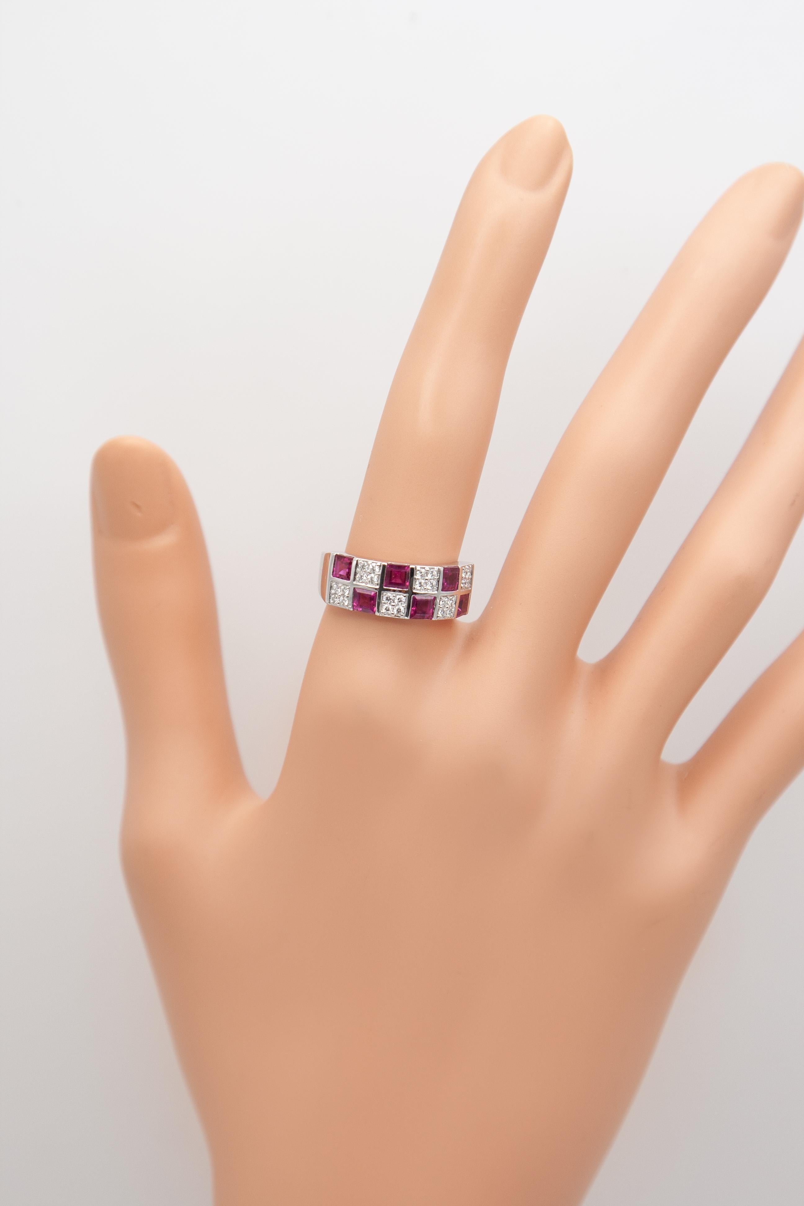 Square Cut Mikimoto 18K White Gold Ruby and Diamond Band Ring For Sale