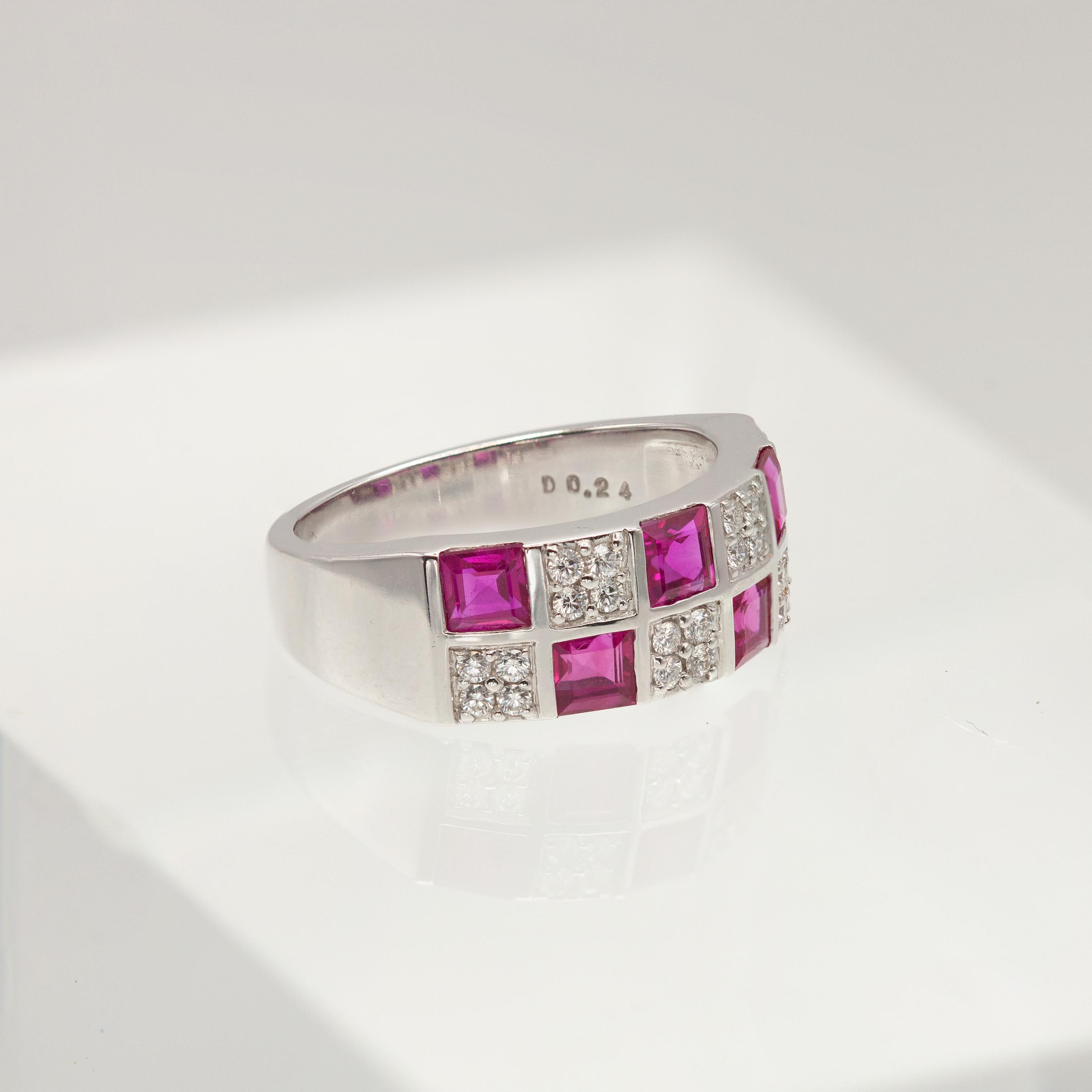 Women's or Men's Mikimoto 18K White Gold Ruby and Diamond Band Ring For Sale