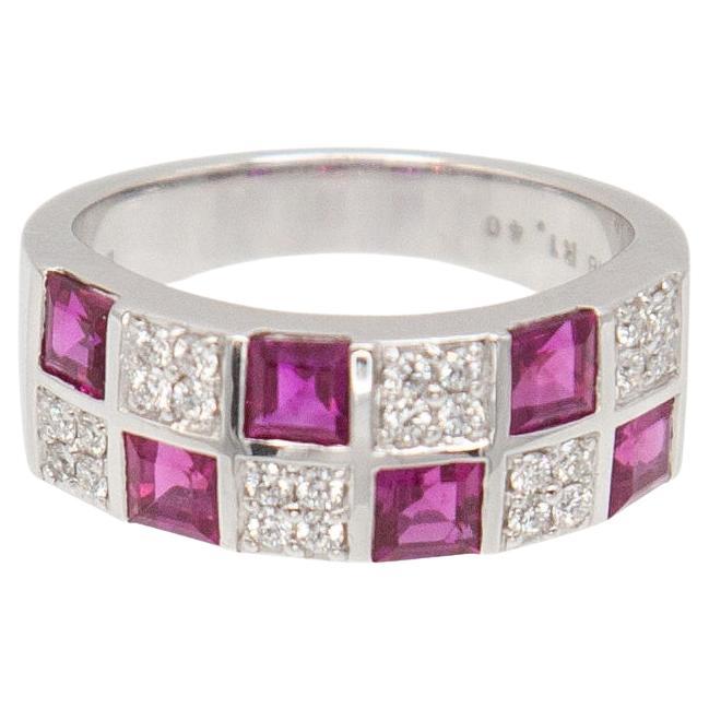 Mikimoto 18K White Gold Ruby and Diamond Band Ring For Sale