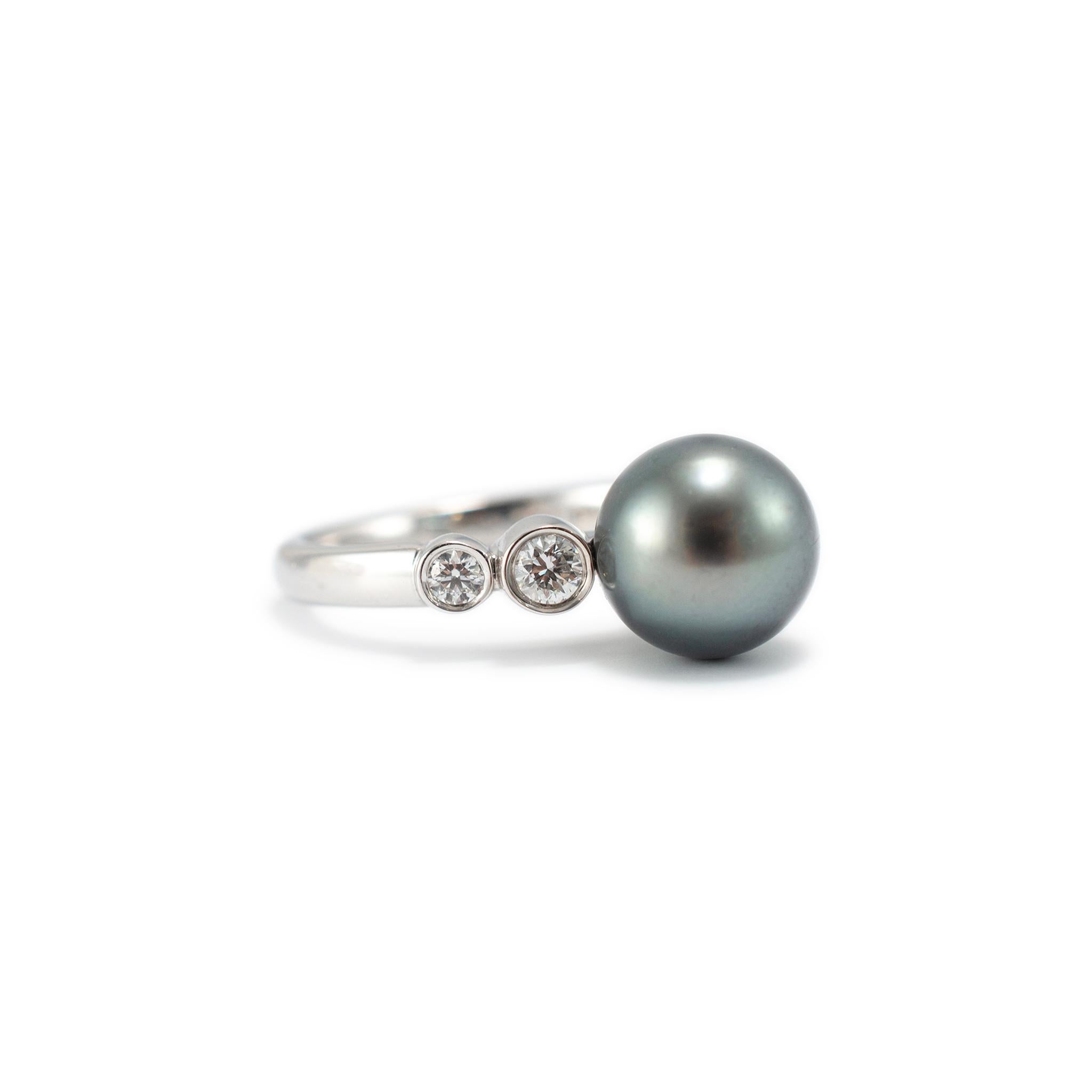 Round Cut Mikimoto 18K White Gold Tahitian Pearl Accented Diamond Cocktail Ring For Sale