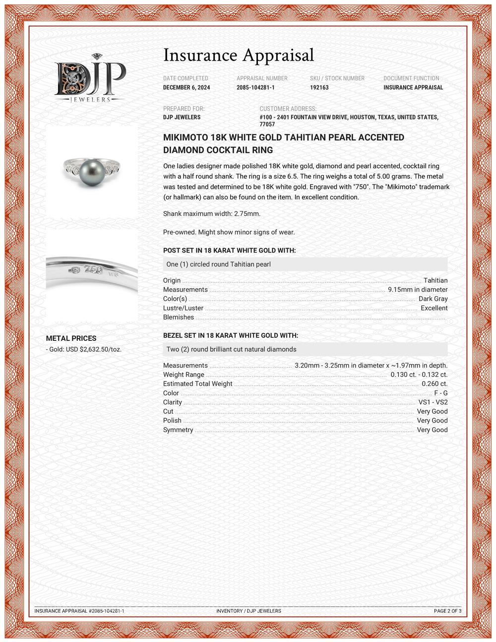Mikimoto 18K White Gold Tahitian Pearl Accented Diamond Cocktail Ring For Sale 2