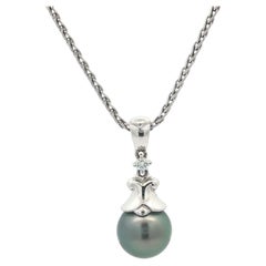 Mikimoto 18k Weißgold Tahiti-Perle & Diamant-Anhänger 18" Weizen Link Halskette