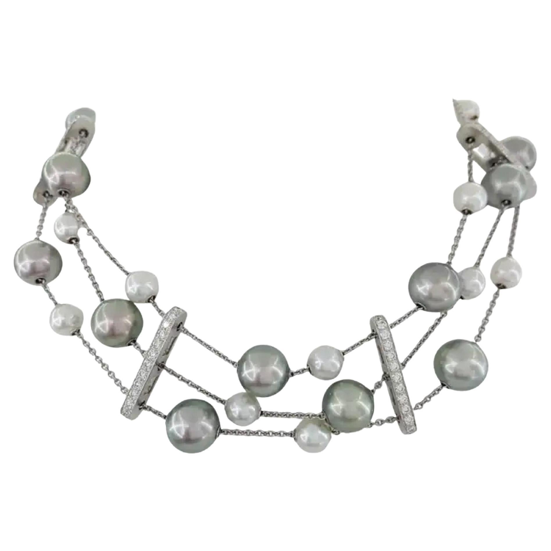 MIKIMOTO 18K White Pearl 3-Strand Diamond Necklace For Sale