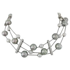 MIKIMOTO 18K White Pearl 3-Strand Diamond Necklace