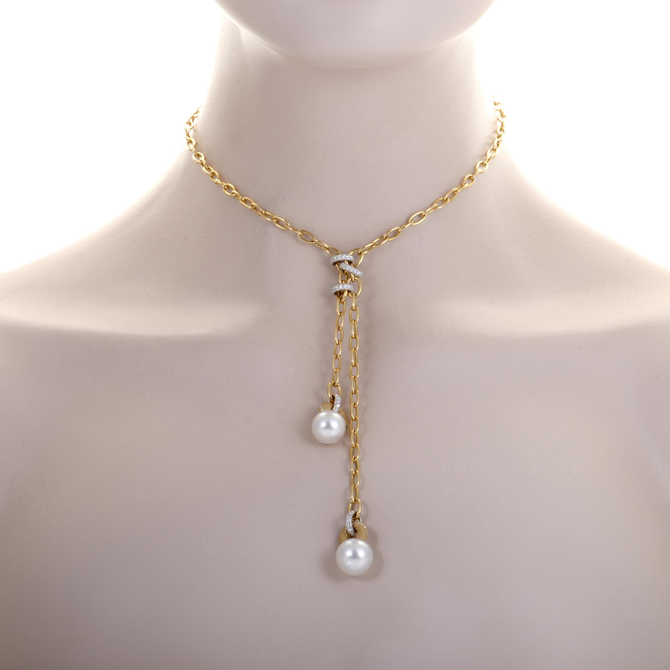 Mikimoto 18K Yellow and White Gold Diamond and Pearl Dangling Pendant Necklace In Excellent Condition In Southampton, PA
