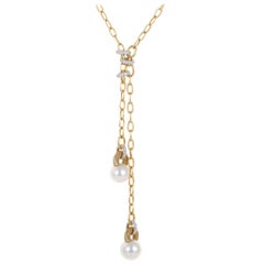 Mikimoto 18K Yellow and White Gold Diamond and Pearl Dangling Pendant Necklace