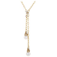 Mikimoto 18K Yellow and White Gold Diamond and Pearl Dangling Pendant Necklace