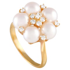 Mikimoto Pearl and Baguette Diamond Snowflake Ring in 18 Karat Yellow ...