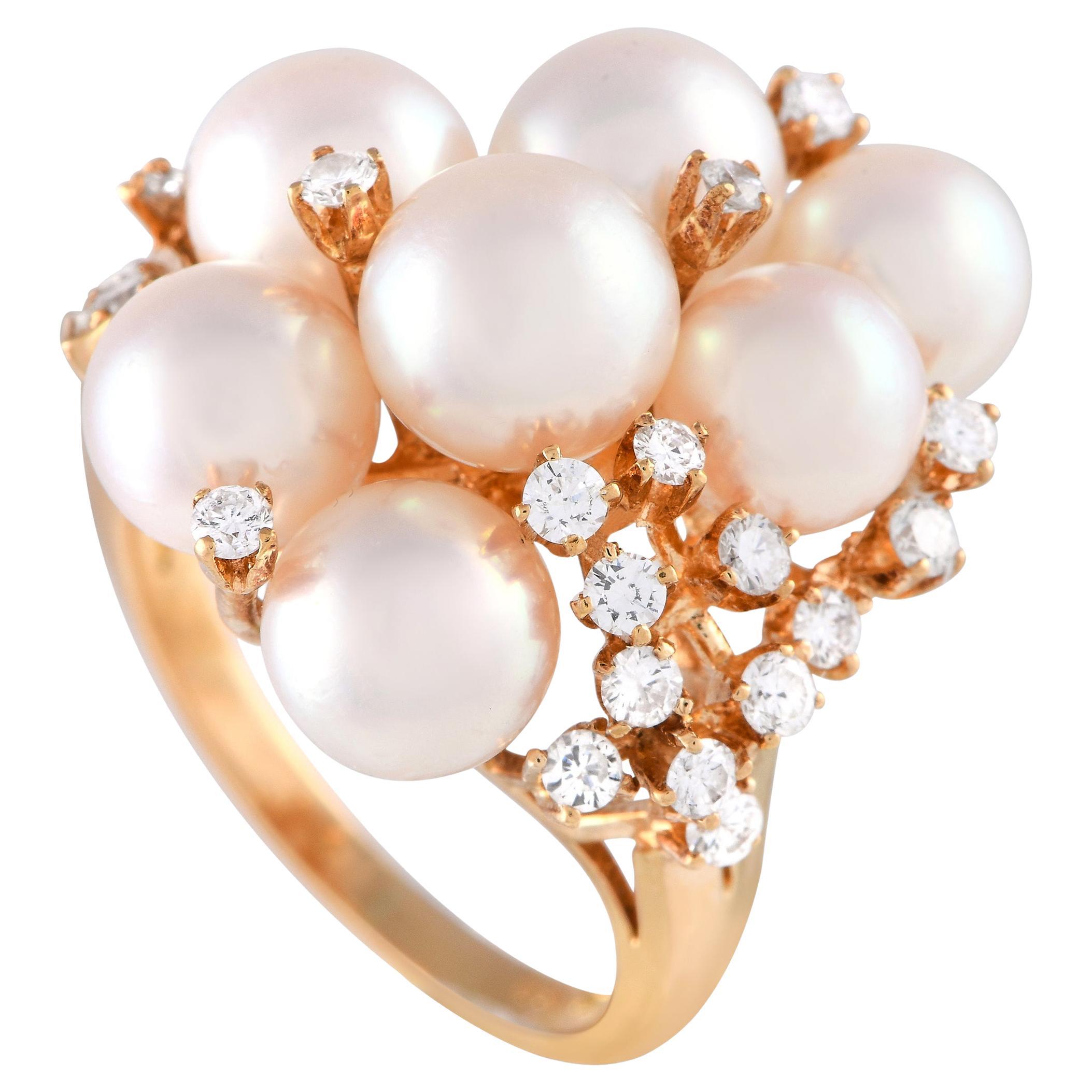 Mikimoto 18K Yellow Gold 0.30ct Diamond and Pearl Ring For Sale at 1stDibs