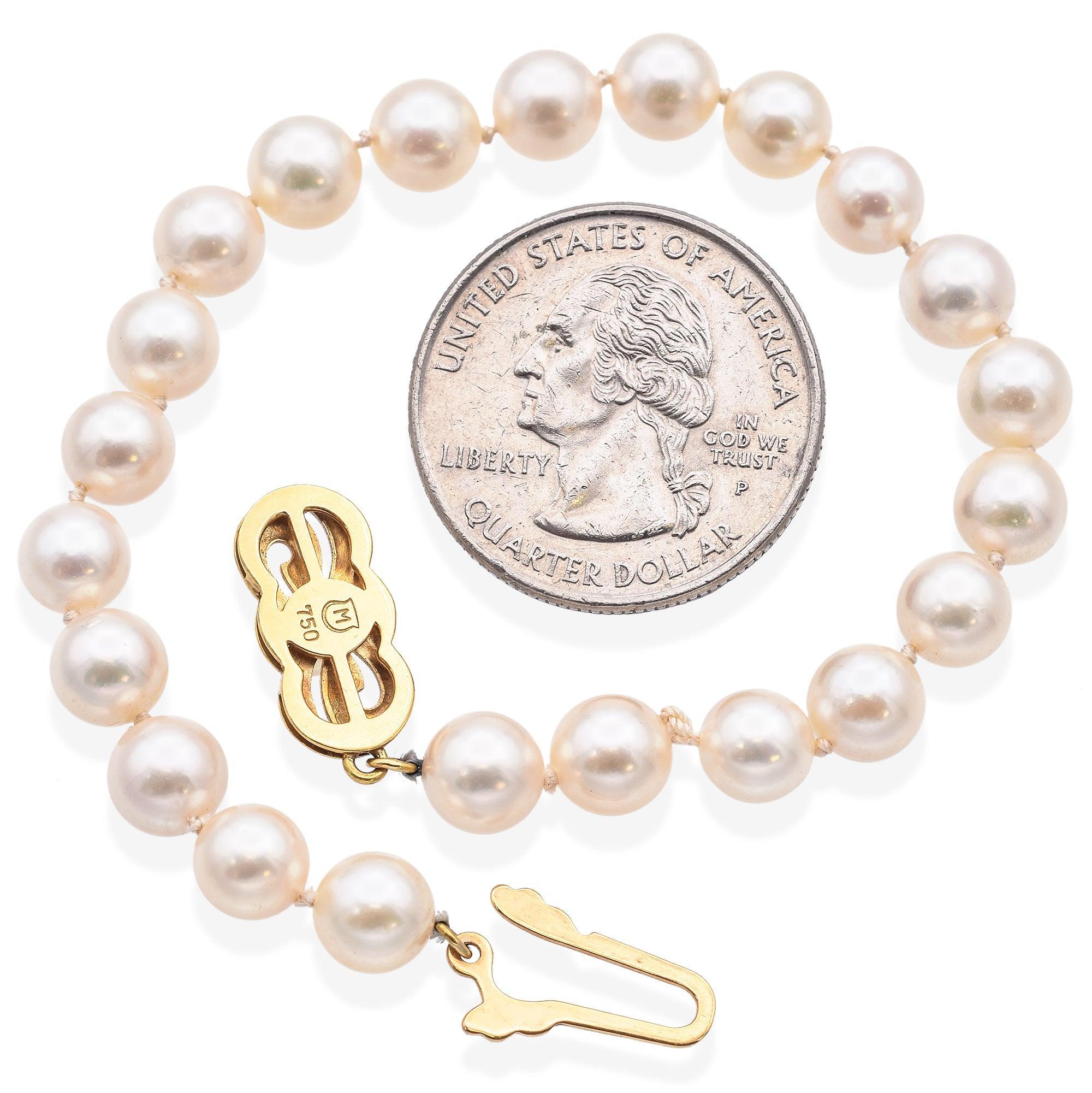 Uncut Mikimoto 18K Yellow Gold 7mm Pearl Beaded Strand Bracelet