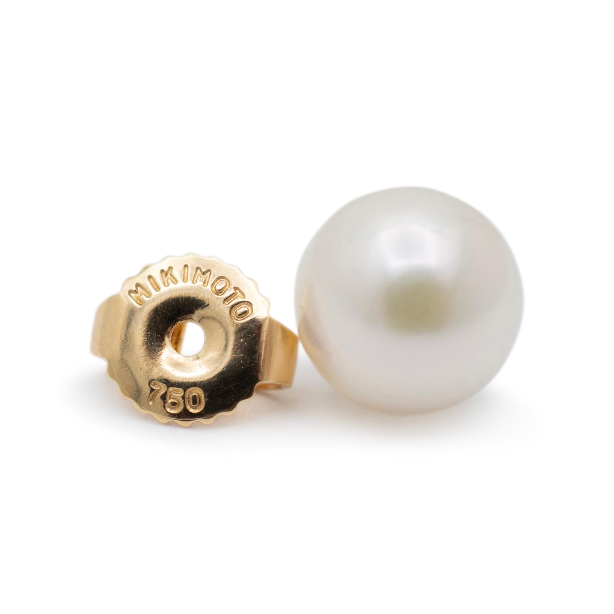 Round Cut Mikimoto 18K Yellow Gold Akoya Cultured Pearl Push Back Stud Earrings For Sale