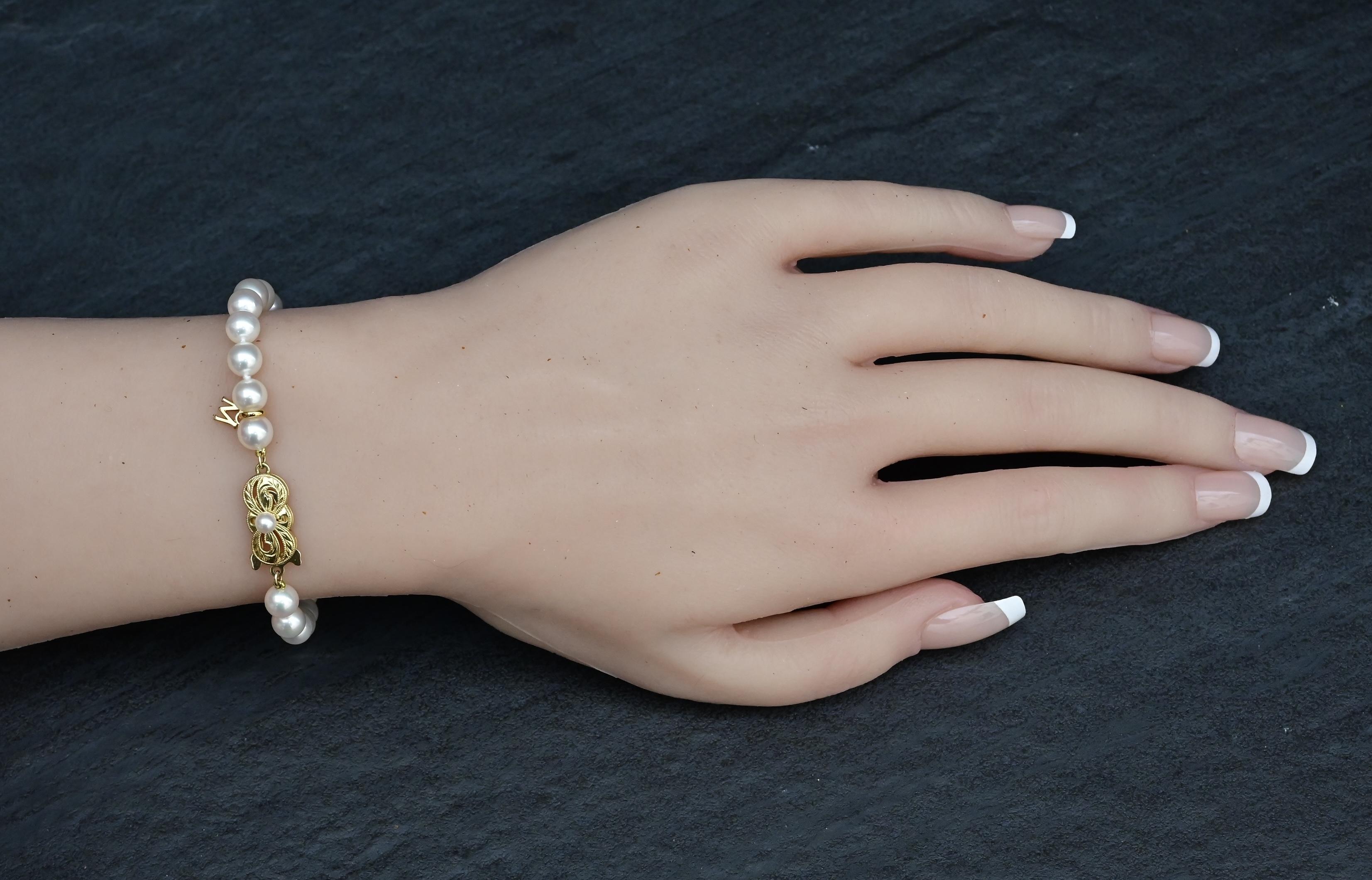 Mikimoto 18K Yellow Gold Akoya Pearl Bracelet Full Set– 6.5mm Pearls, 7 1/2” For Sale 5
