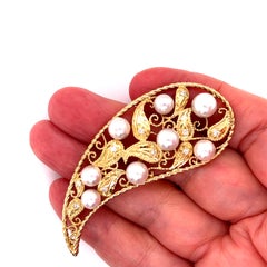 Mikimoto 18k Yellow Gold Akoya Pearl Diamond Long Brooch