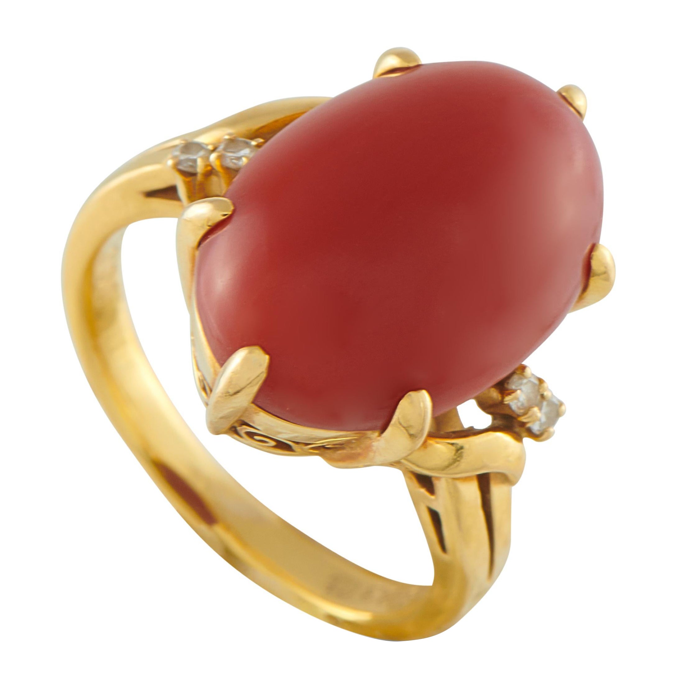 Mikimoto 18K Yellow Gold Diamond and Coral Ring en vente