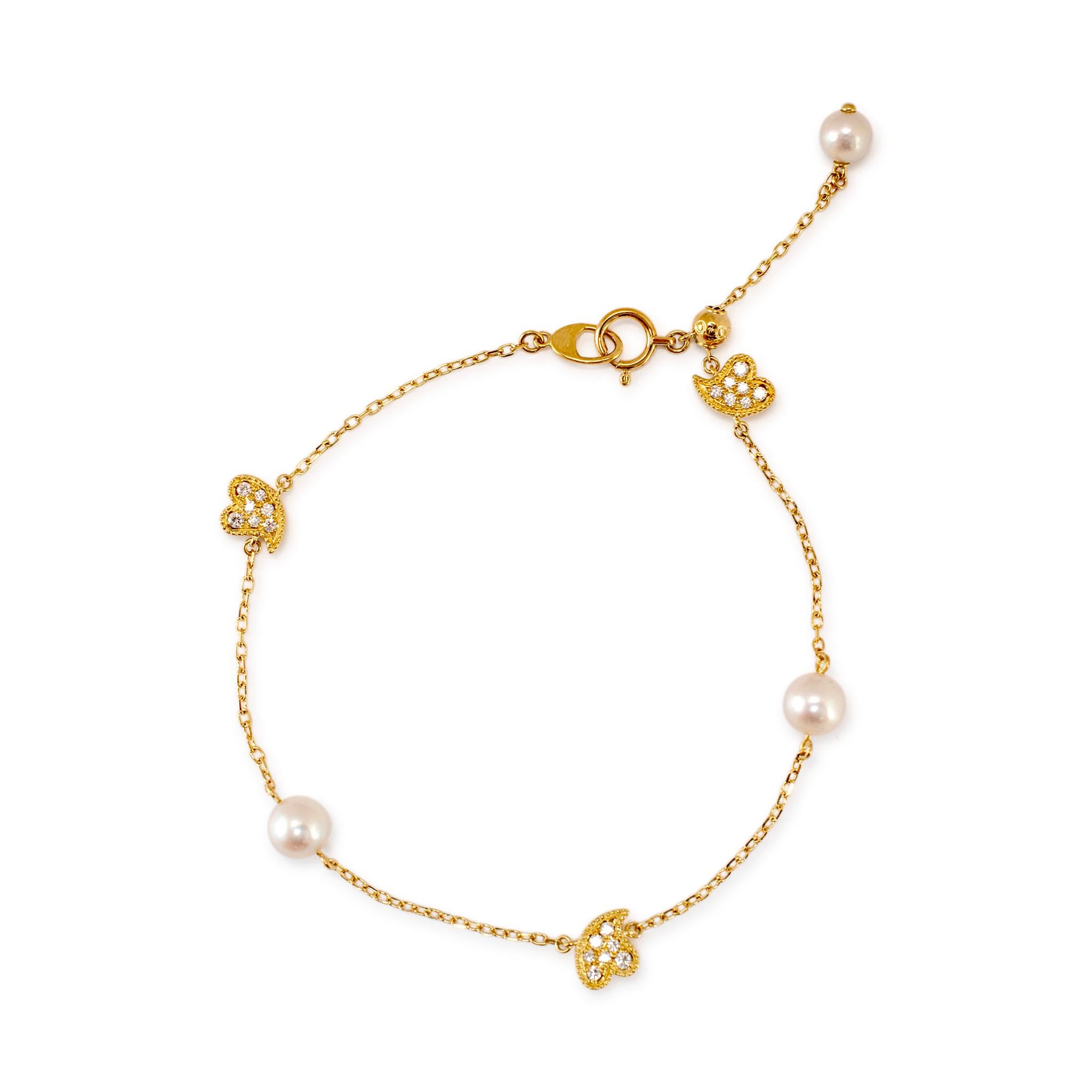 Mikimoto Pulsera de oro amarillo de 18 quilates con diamantes y perlas Akoya en Excelente estado para la venta en Houston, TX