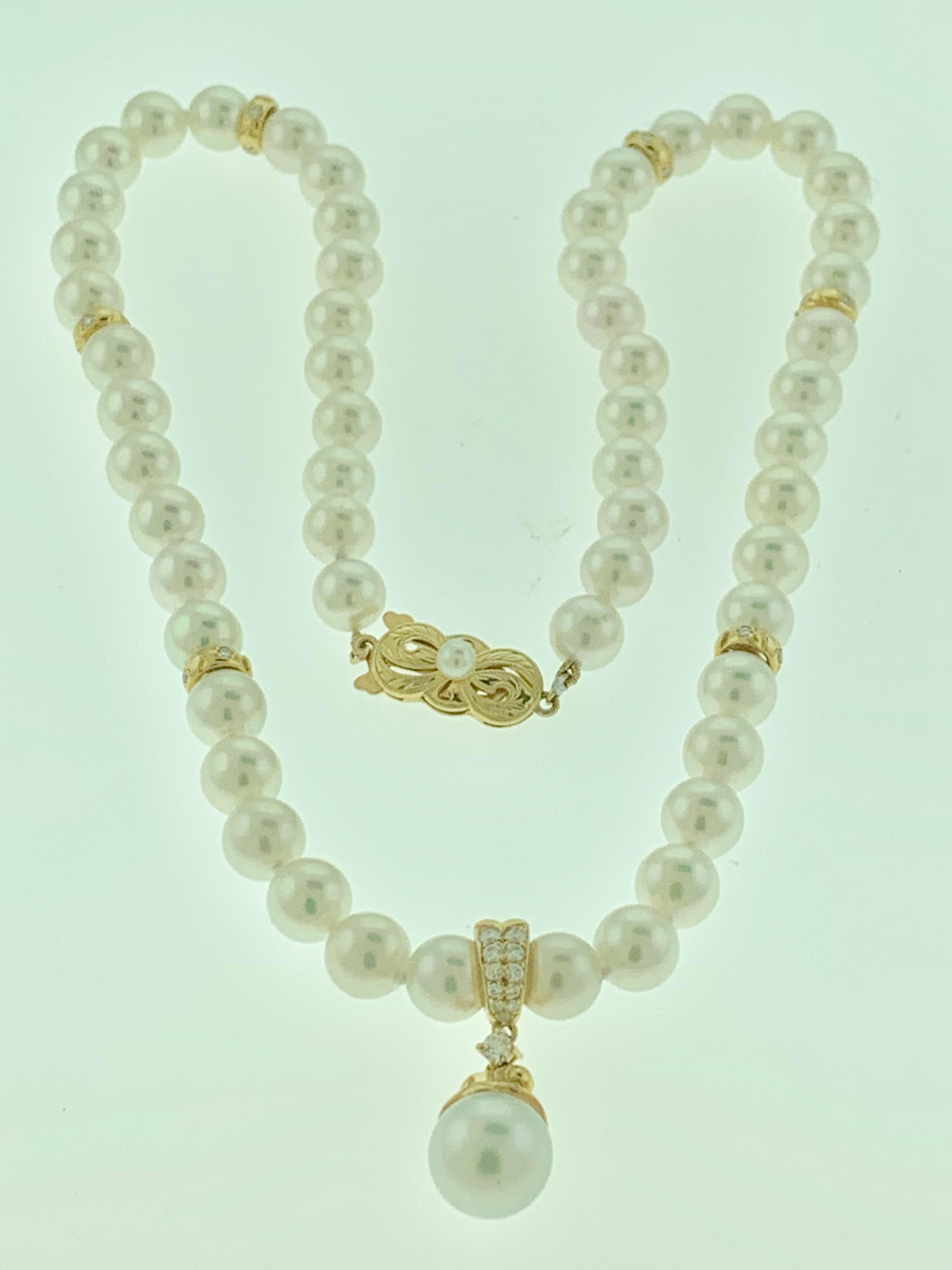 Mikimoto 18 Karat Yellow Gold and Diamonds Drop Pendant Pearl Strand Necklace 3
