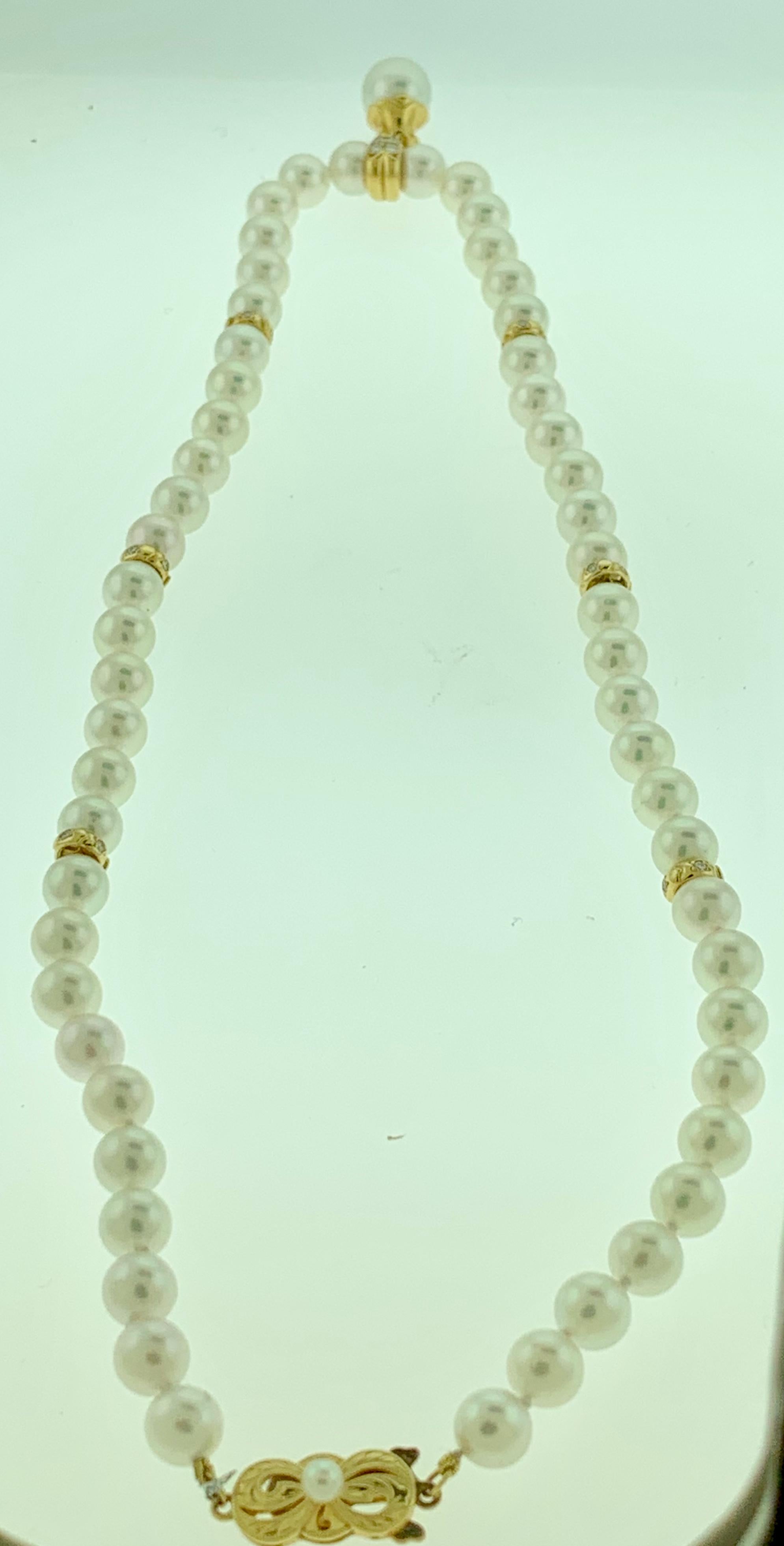 Mikimoto 18 Karat Yellow Gold and Diamonds Drop Pendant Pearl Strand Necklace 1