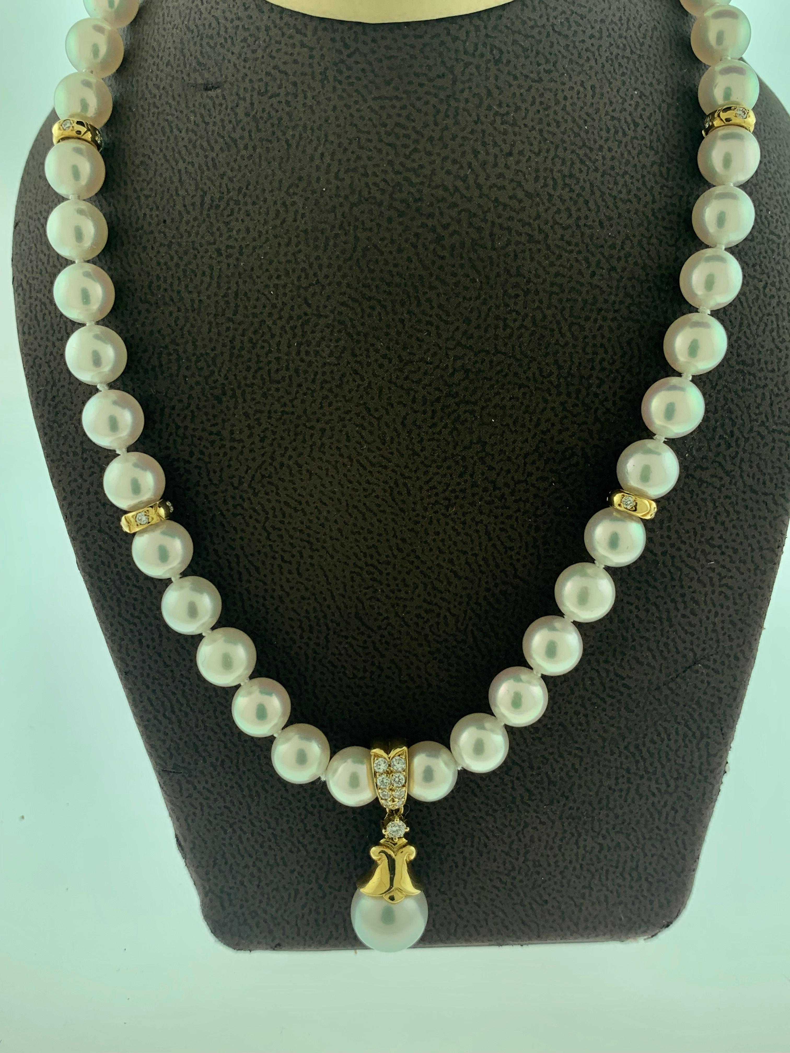 Mikimoto 18 Karat Yellow Gold and Diamonds Drop Pendant Pearl Strand Necklace 2