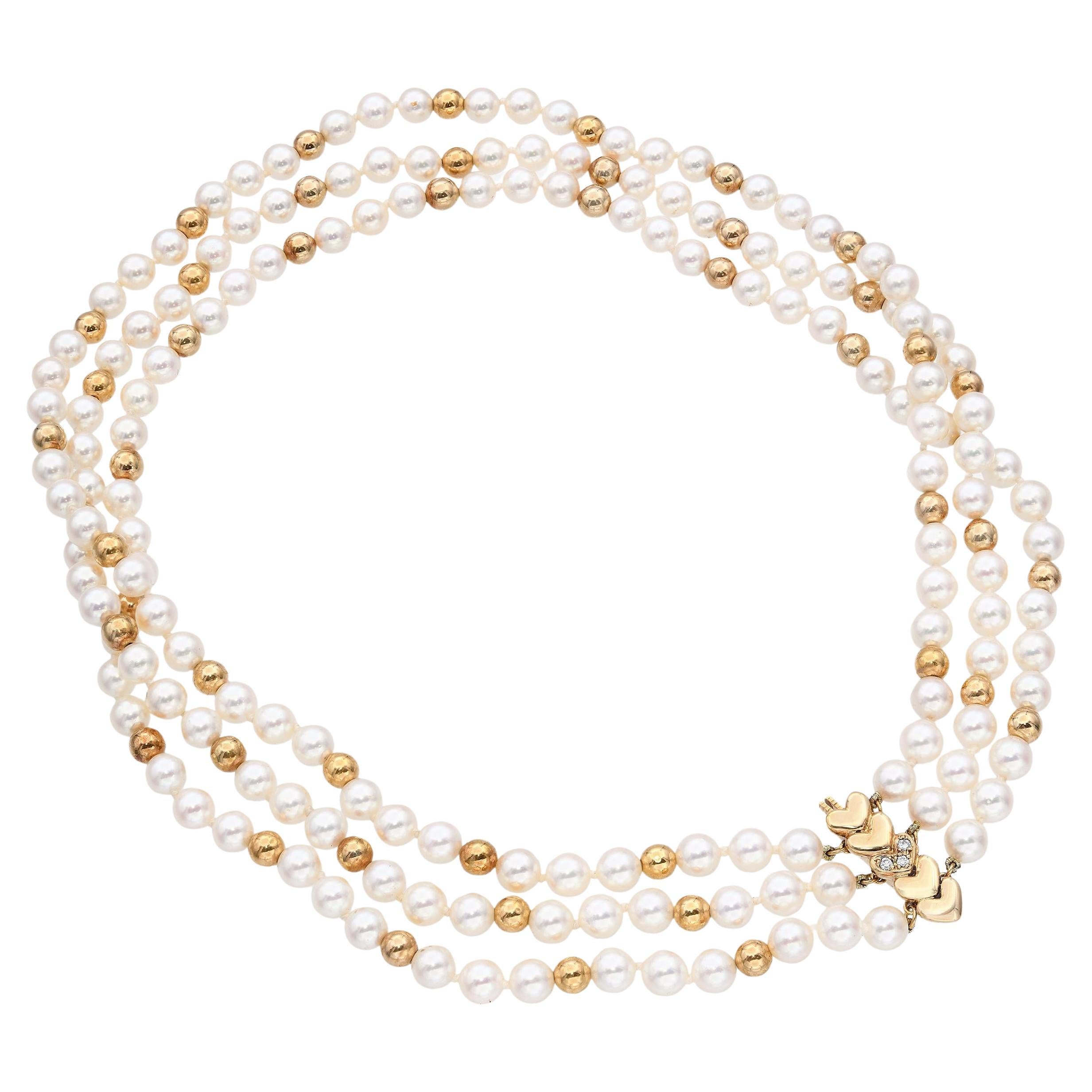 Mikimoto 18k Yellow Gold Multi Strand Gold Bead Pearl Necklace For Sale