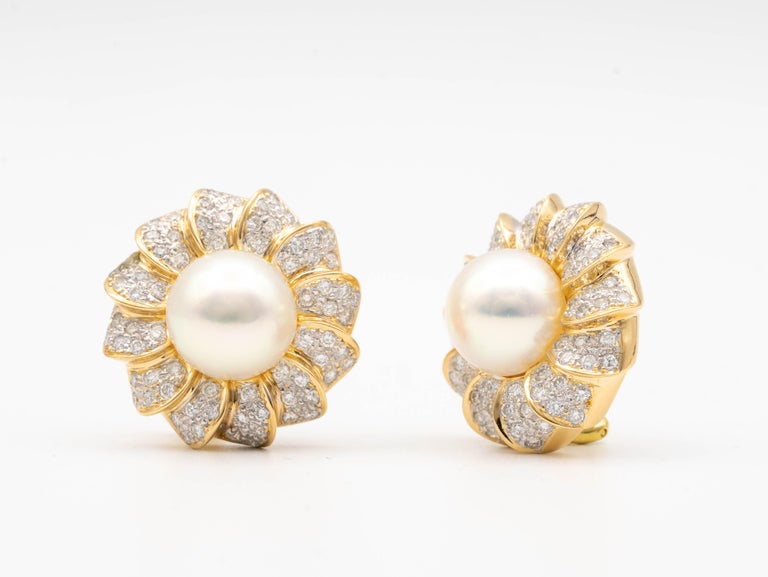 Mikimoto Pearl and Diamond Flower Earrings in 18K yellow gold. at 1stDibs