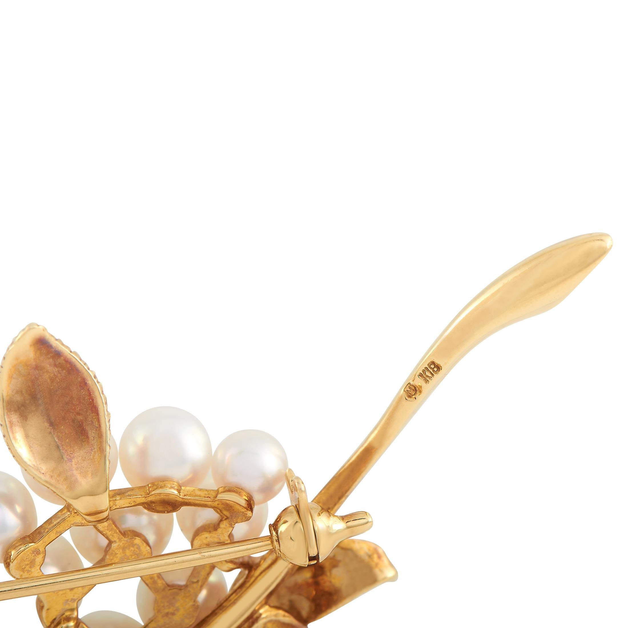 Mixed Cut Mikimoto 18 Karat Yellow Gold Pearl Brooch