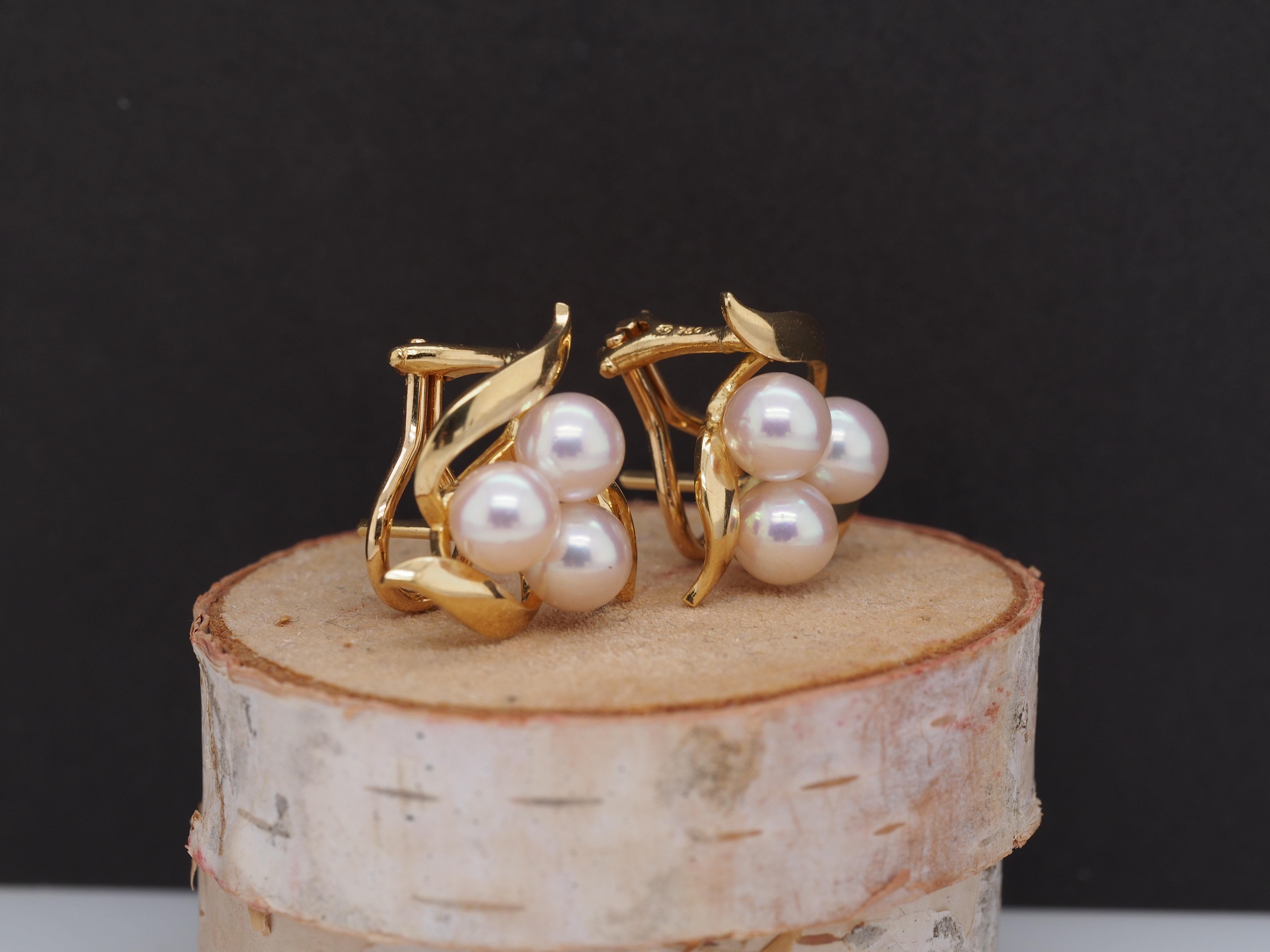 Old European Cut Mikimoto 18K Yellow Gold Pearl Floral Earrings For Sale