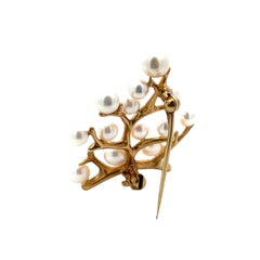 Mikimoto 18K Gelbgold Perle Baum Branch Brosche Pin