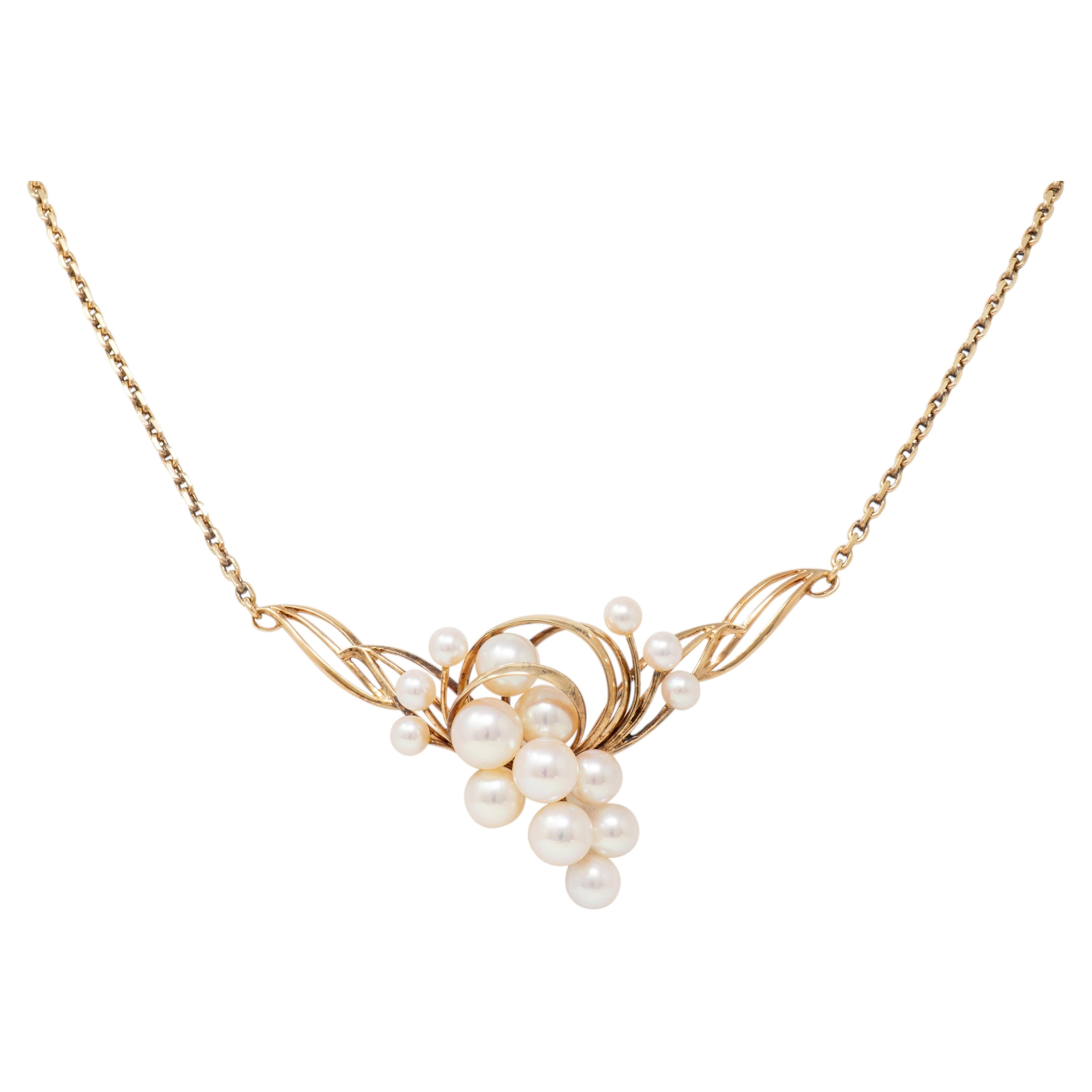 Mikimoto 1940 Retro Pearl 14K Yellow Gold Collana Vintage Scrolling Station