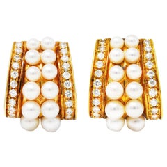 Mikimoto 1960's 1.56 Carats Diamond Pearl 18 Karat Yellow Gold Retro Earrings