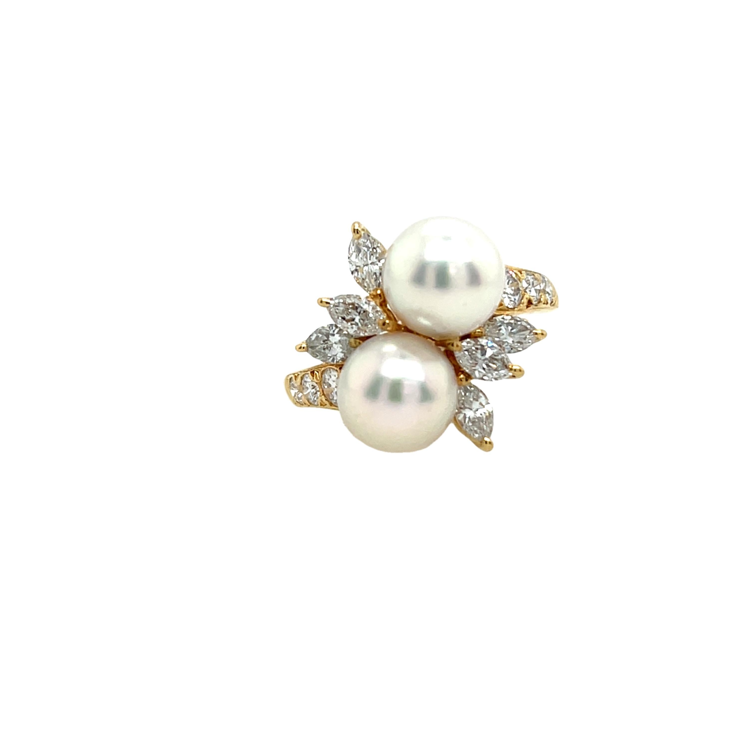 Art Deco Mikimoto 2 Pearl & Diamond Ring Set In 18ct Yellow Gold