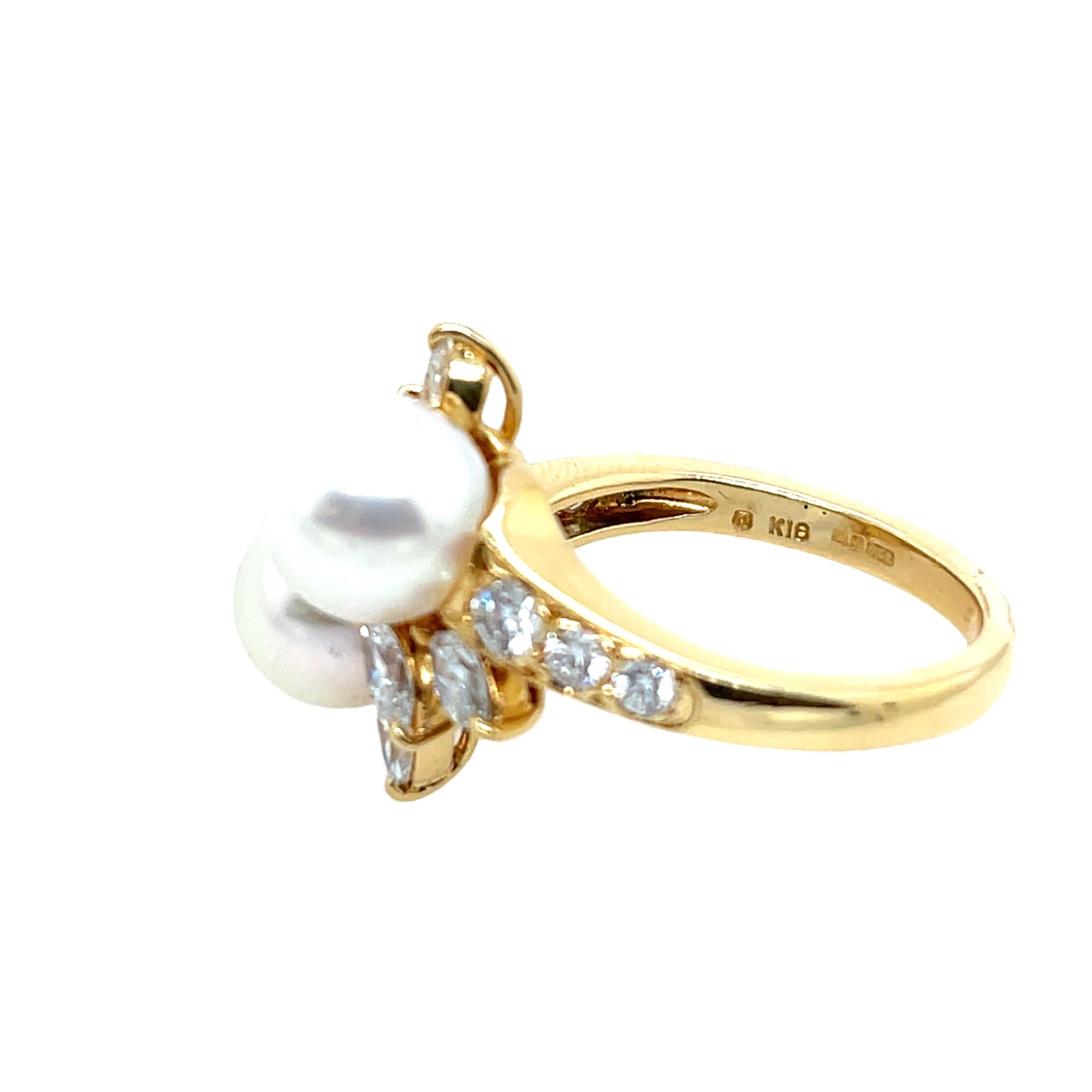 Marquise Cut Mikimoto 2 Pearl & Diamond Ring Set In 18ct Yellow Gold